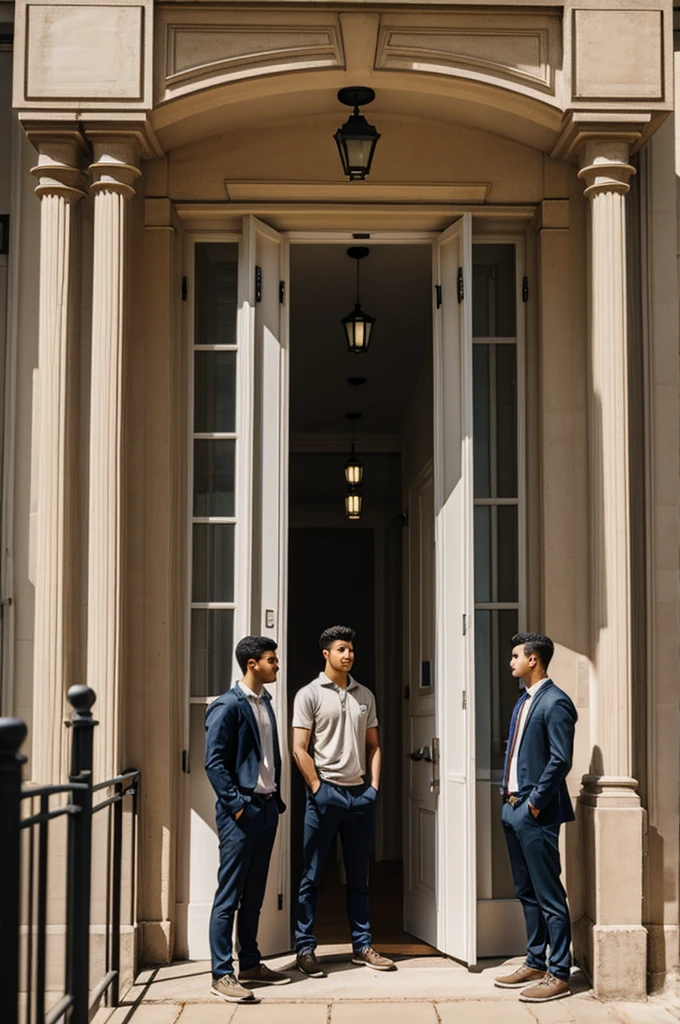 inside the campus, three guys standing at the door