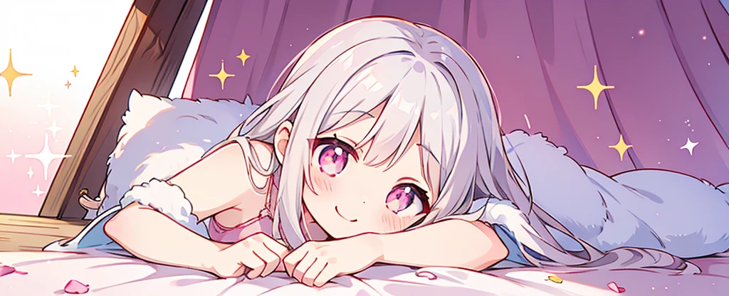 summer、1 girl、((Silver fur))、((Pink sparkly eyes))、A sloppy smile、Open your mouth、Swimwear、Lie down、Highest quality
