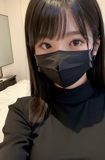 Shortcuts、目元はsmile、smile、With black underwear、Very obscene、((Selfie style in my room)),((student))、((very young))、((very cute))、((So adorable))、((Please wear a black non-woven mask..)),highest quality, masterpiece, Ultra-high resolution, (Realistic:1.4), Raw photo, very detailed, Perfect Anatomy, 1 girl, 18-year-old, Famous Japanese Idols, Front view, Crotch close-up,, ((Accentuate your breasts))