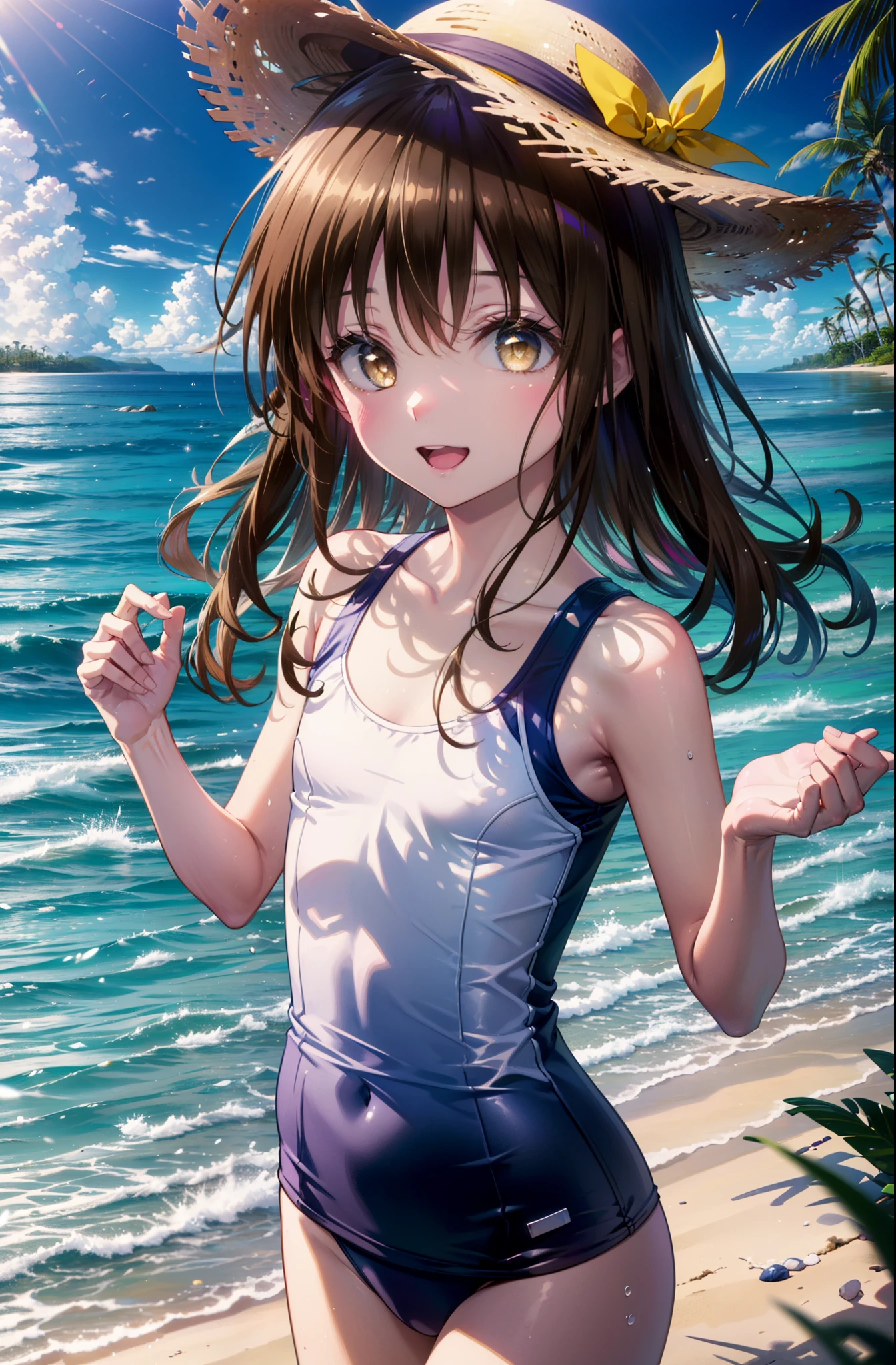Follow Us, Yuki mandarin orange, (Brown eyes:1.5), Brown Hair, hair ornaments, hair scrunchie, Long Hair, (Flat Chest:1.2),happy smile, smile, Open your mouth,
Open your mouth,School Swimsuit,Straw hat,Holding a swim ring in both hands,True Summer,Palm tree,Are standing break looking at viewer, whole body, break outdoors, Sandy Beach,Beach, break (masterpiece:1.2), Highest quality, High resolution, unity 8k wallpaper, (shape:0.8), (Beautiful and beautiful eyes:1.6), Highly detailed face, Perfect lighting, Extremely detailed CG, (Perfect hands, Perfect Anatomy),