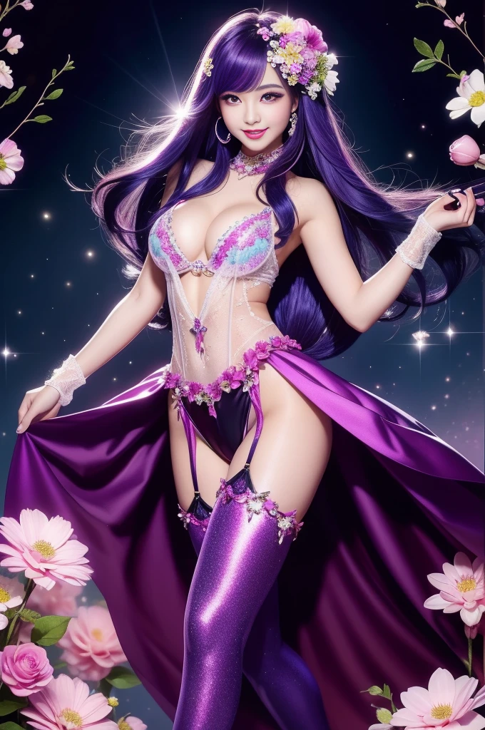 beautiful sexy model who controls poison、beautiful smile、lipgloss、long lashes、intense makeup、look at the camera、full body Esbian、、sparkling poisoned flower costume、、、、shiny sparkling multicolor hair、secrete poison、skull hair accessories、sexy tights、shiny sparkling flowers background