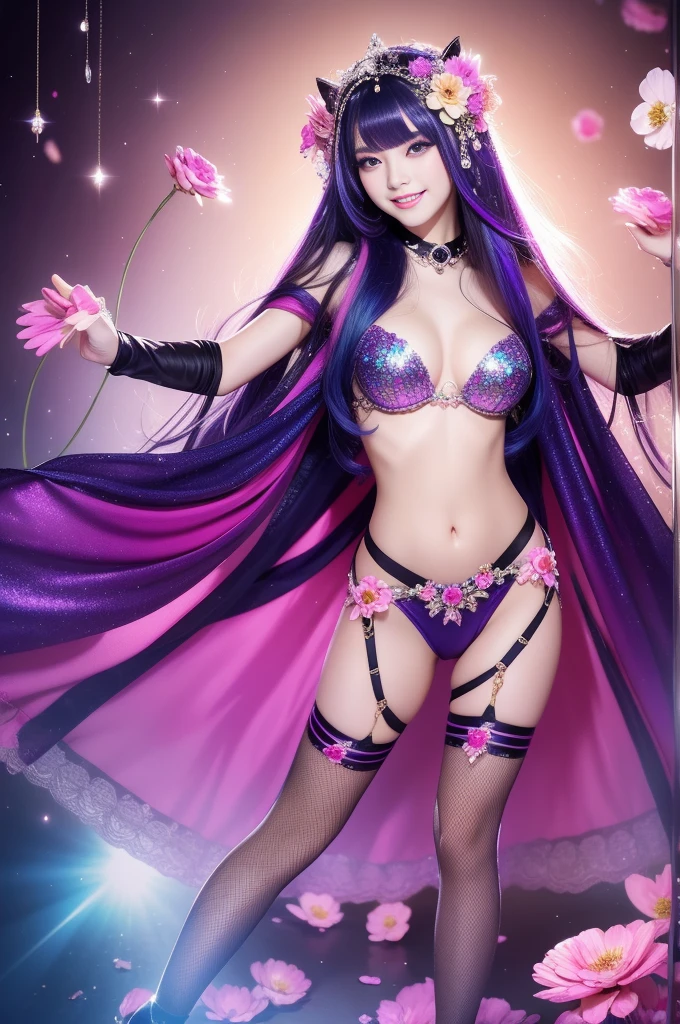 beautiful sexy model who controls poison、beautiful smile、lipgloss、long lashes、intense makeup、look at the camera、full body Esbian、、sparkling poisoned flower costume、、、、shiny sparkling multicolor hair、secrete poison、skull hair accessories、sexy tights、shiny sparkling flowers background