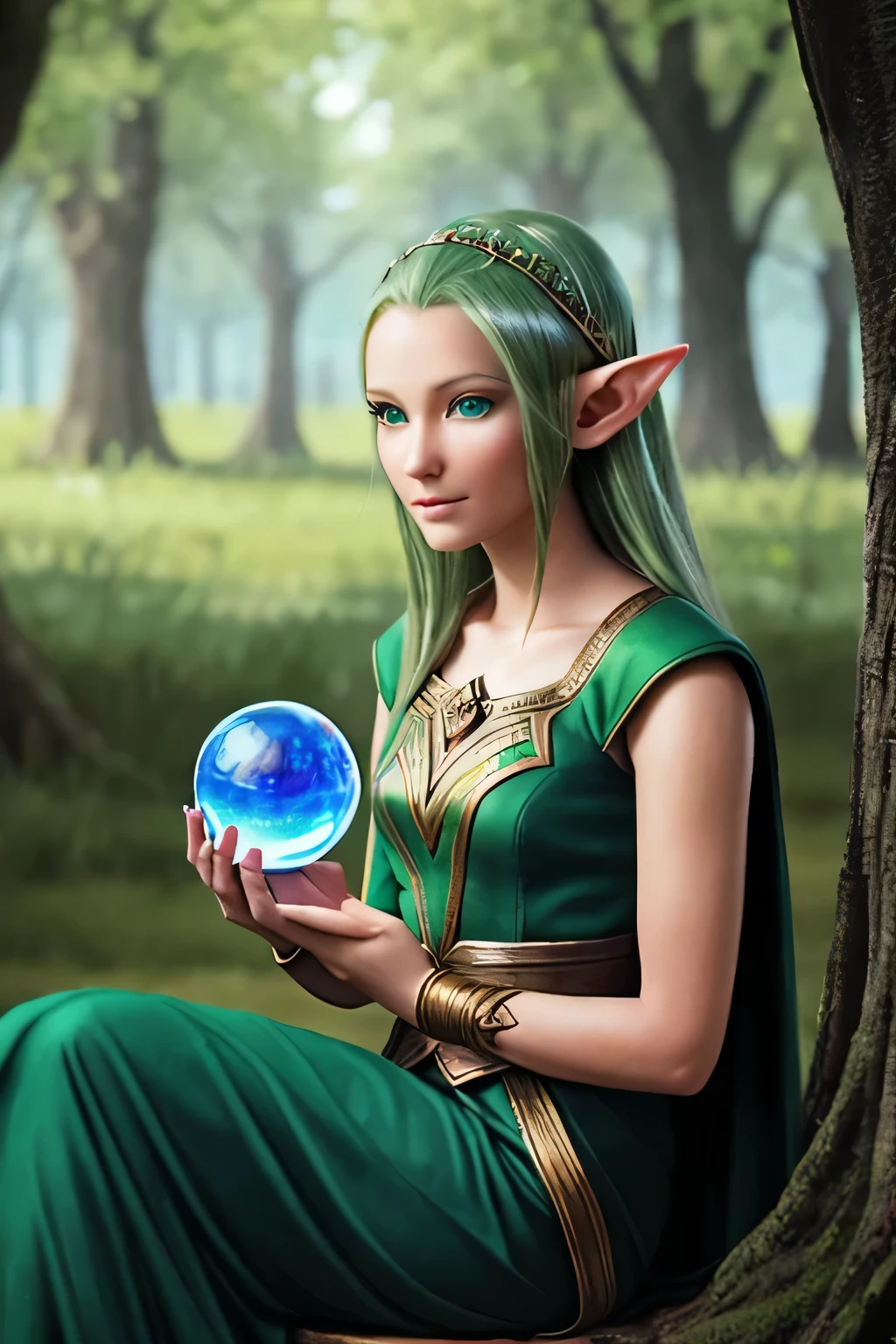 1 elf woman, looking at the viewer, sitting next to a tree, holding in her hands a crystal ball, green plain in the background, fantasy, (realistic face), half body,