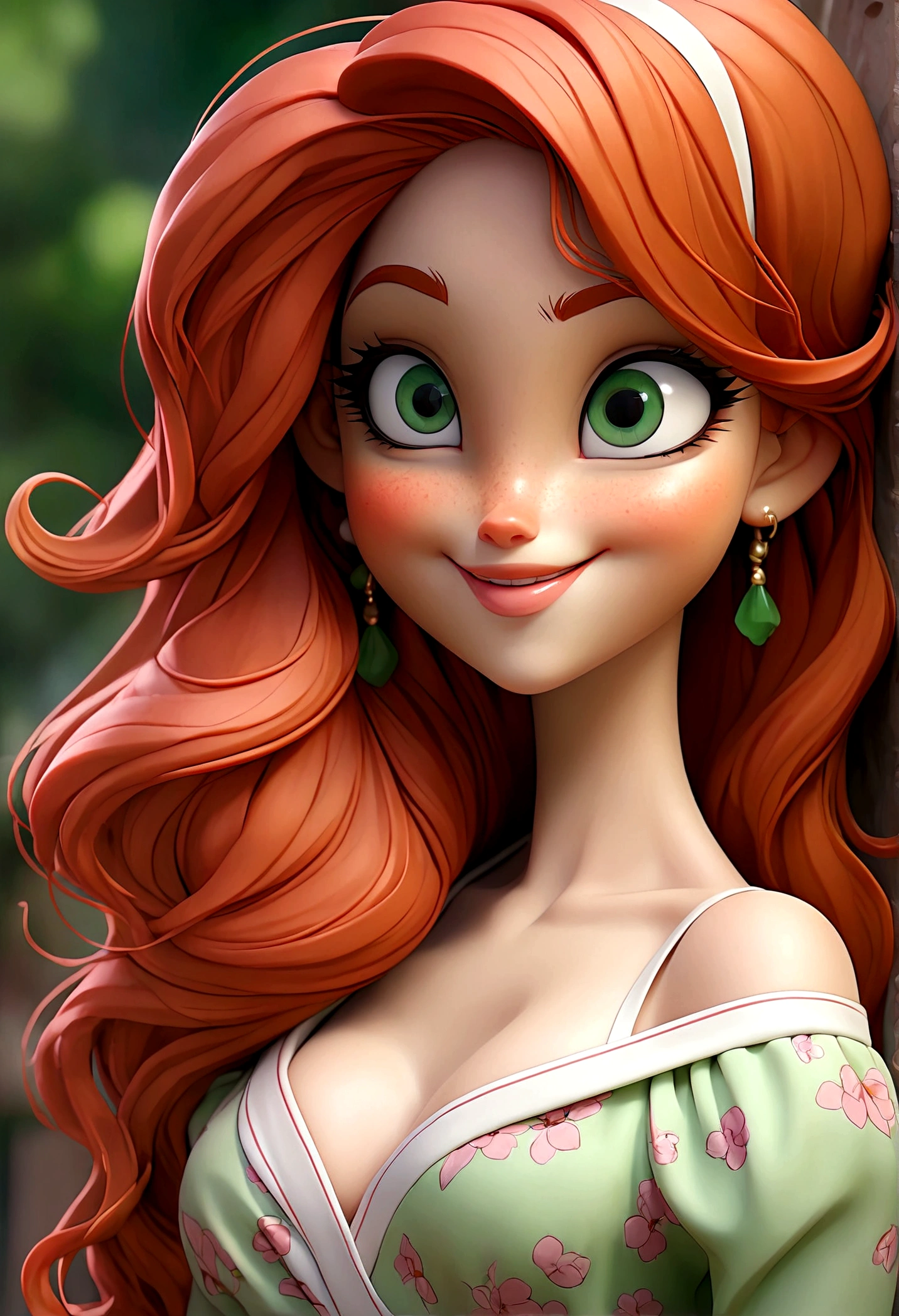 ((best quality)), ((masterpiece)), ((detailed)), Long cascade red hair, emarald green eyes, plump pink lips, doll like, and slender, extremely feminine, round breasts, sweet looking, cute clothes, cute smile
