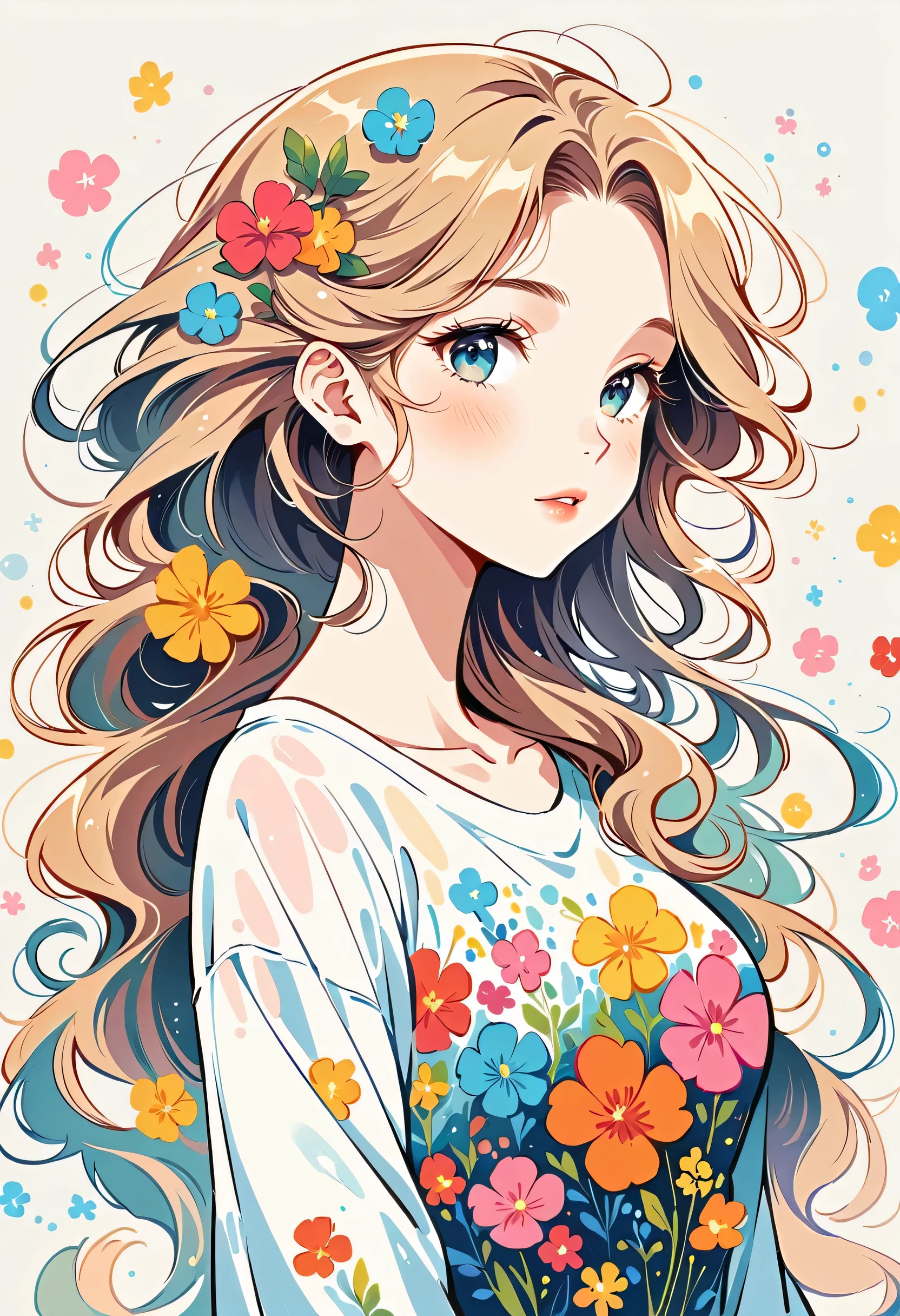 Takashi Murakami style、The most beautiful girl of all time、Lips in Love、Colorful flowers、Simple line initials、Abstract art、Urban Background