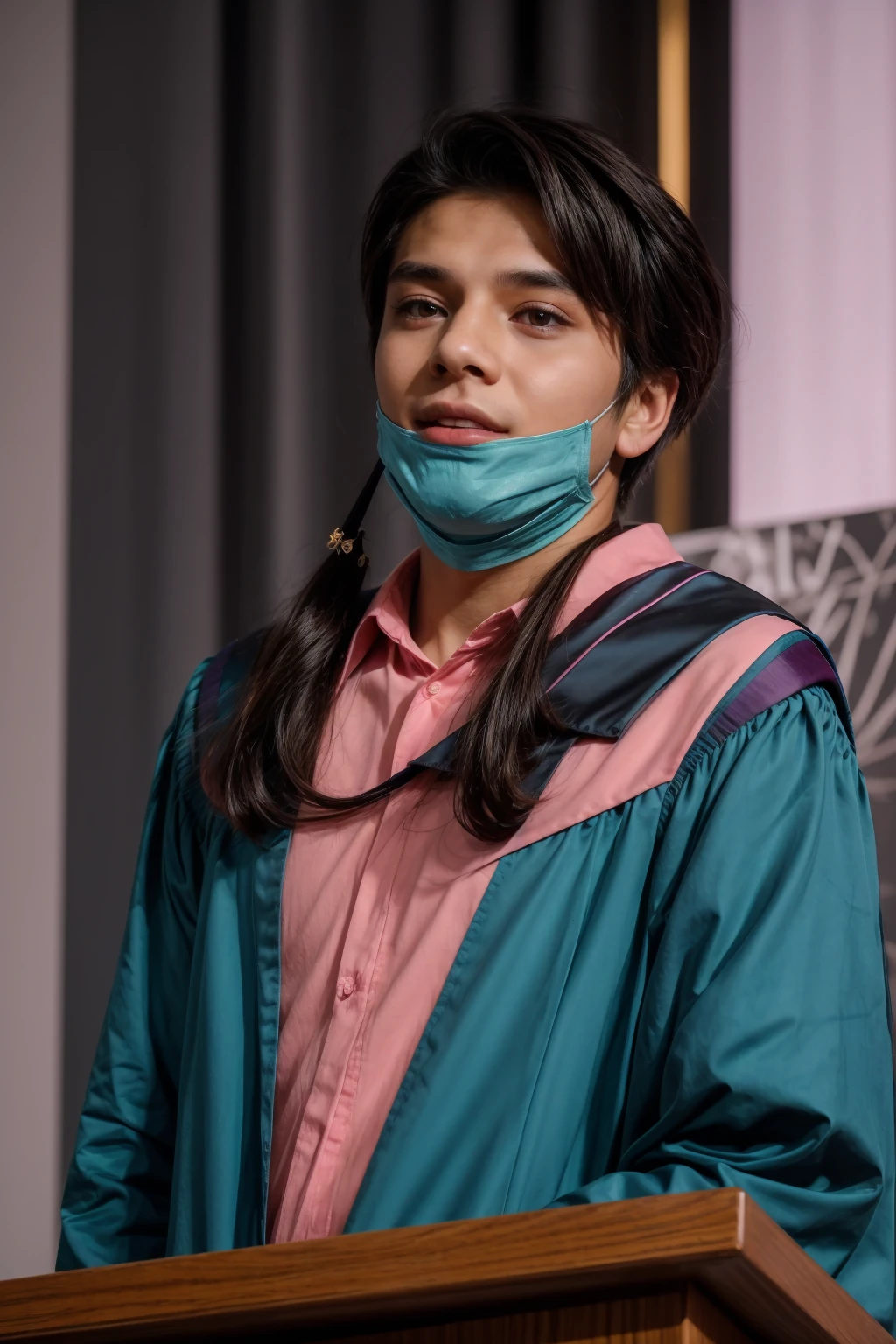 A beautiful, cute male young man with a make-up face and black hair wearing a long-sleeved pink shirt and aqua blue pants. He is in his graduation speech, speaking passionately while looking proud.