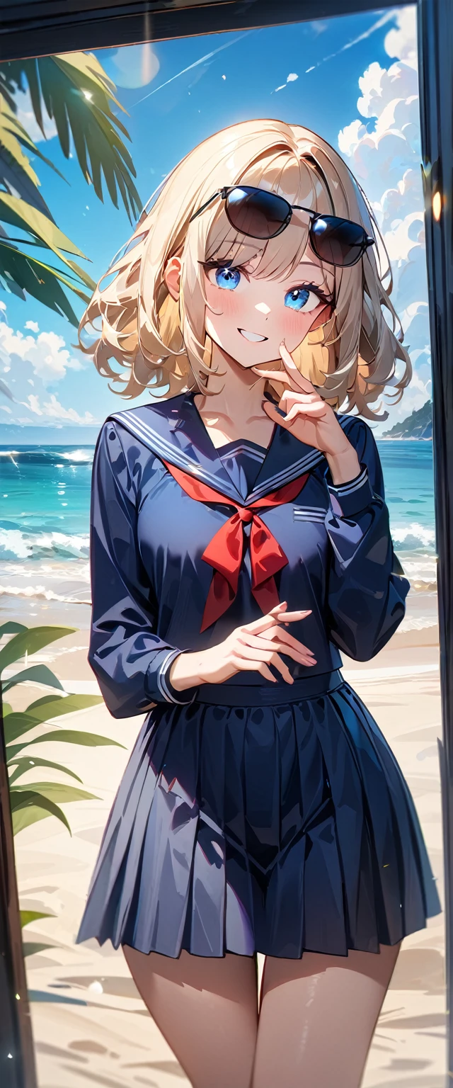 (((One girl))), ((beach)), noon, blond hair, Wavy Hair, bob cut, breasts, from front, (cowboy shot), standard body, (looking at viewer), ((dark blue serafuku)), dark blue skirt, ((red ribbon)), ((sunglasses)), hand to sunglasses, ager, head tilt:1.3, (((blue eye))), ((happy smile)), anime style, (best quality, 4k, 8k, highres, masterpiece:1.2, ultra-detailed, ultra-detailed eyes, HDR, UHD, studio lighting, ultra-fine painting, sharp focus, physically-based rendering, extreme detail description, professional, vivid colors, bokeh), ((Highest quality, Best image quality, Ultra-high resolution, Ultra-high resolution, solo, Strong eye highlights)), Depth of written boundary, Natural soft light, attractive, Beautiful Face, Cleanliness, Pure Face, nedium chest, Beautiful Face, Perfect Fingers, Perfect hands, Perfect body, Perfect Face, Shine a light into your eyes, Perfect Anatomy