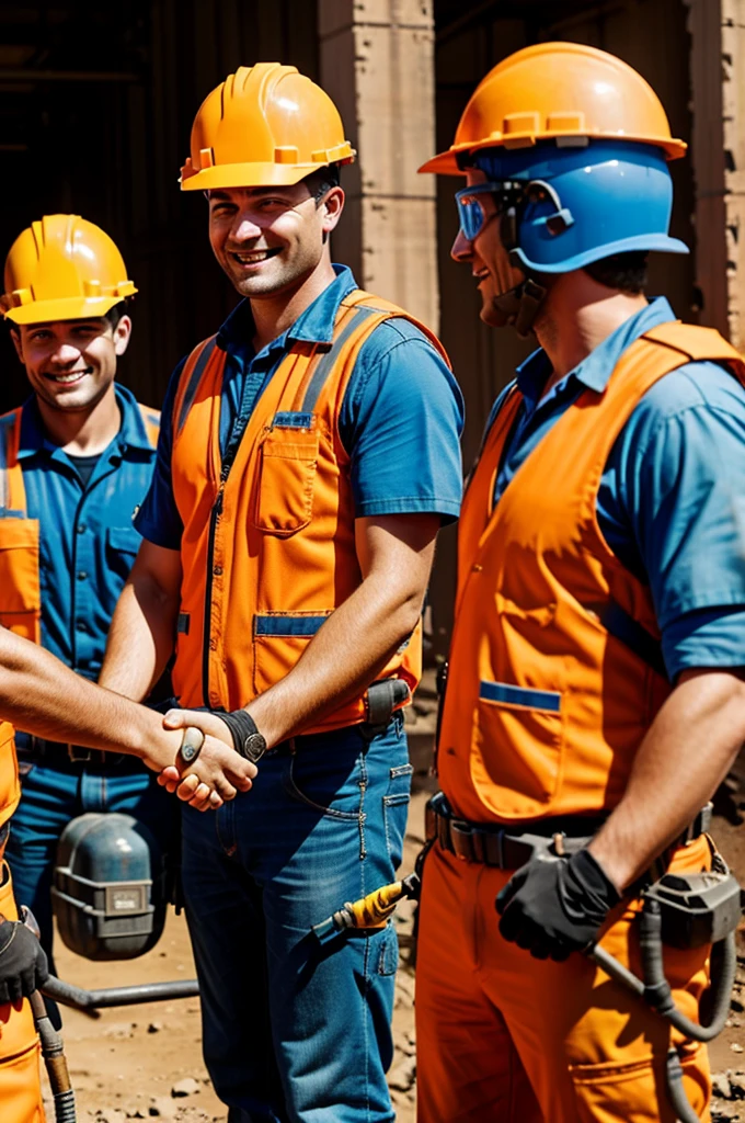 Three mining workers shaking hands, two in profile and one in front, happy, with their personal protective equipment, with orange safety vests and blue helmet