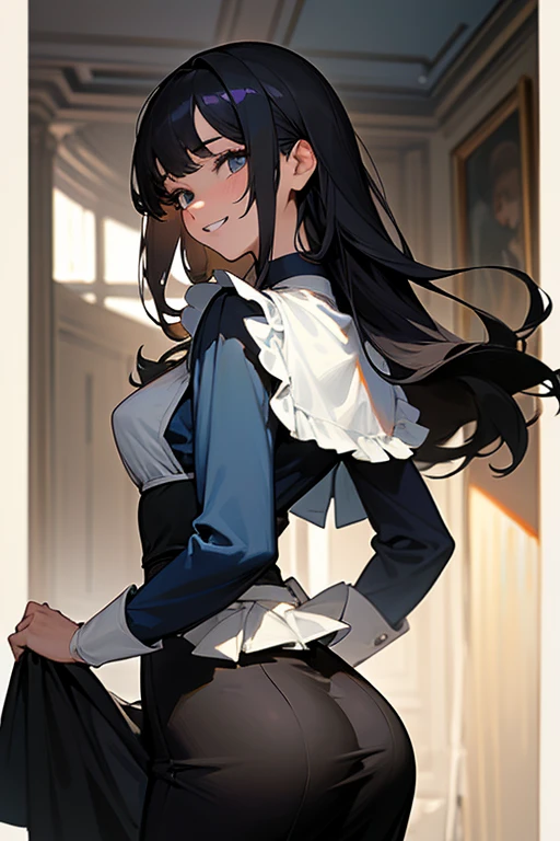 (Highest Resolution, clear_image) Highest quality, Single, One Woman, alone, masterpiece, Very detailed, Semi-realistic, Black Hairのショートヘア, Black Hair, bangs, 18-year-old, mature, light blue uniform, uniform, Indoor Background, kind, Authoritative, Powerful, exquisite features, exquisite features、Eyelashes become longer、Showing teeth、smile😀、Maid clothes、reference、Put your hands on your hippie skirt、Upward glance、Boom in the ass、