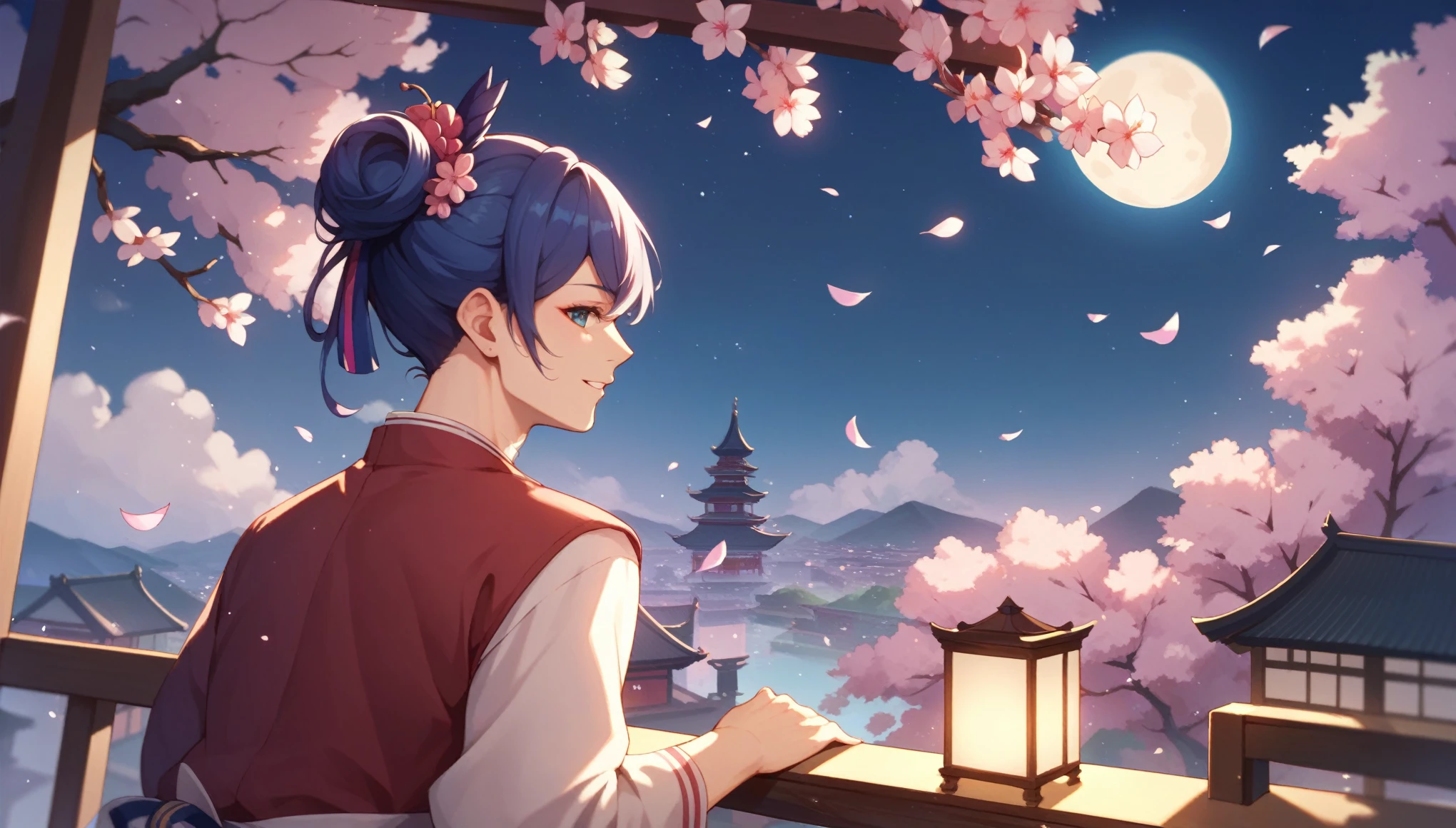 A Japanese cityscape of cherry blossoms at night. It creates a fantastic atmosphere. Stars are shining beautifully in the sky and the moon is shining.