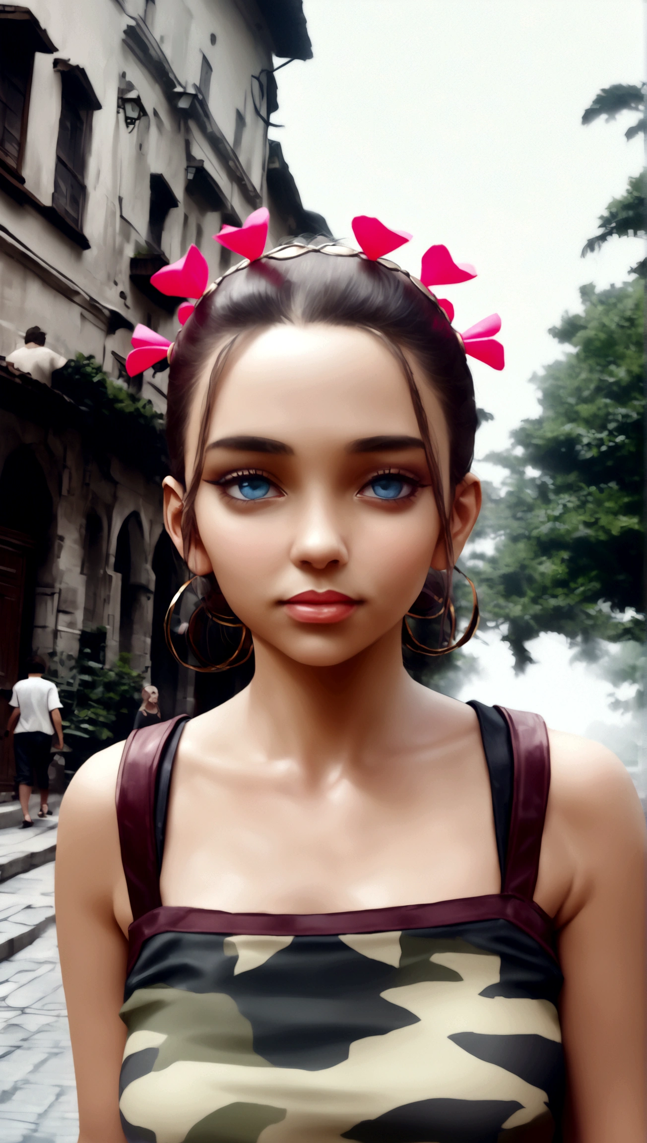 Best Quality, Masterpiece, realistic photo, intricate details, photo and gross, ultra detailed, old fashioned young woman, with peasant style dress, no necklines, by rubio, perfect detailed blue eyes, walking in an old city, high definition quality, 8k, young woman, 20 years