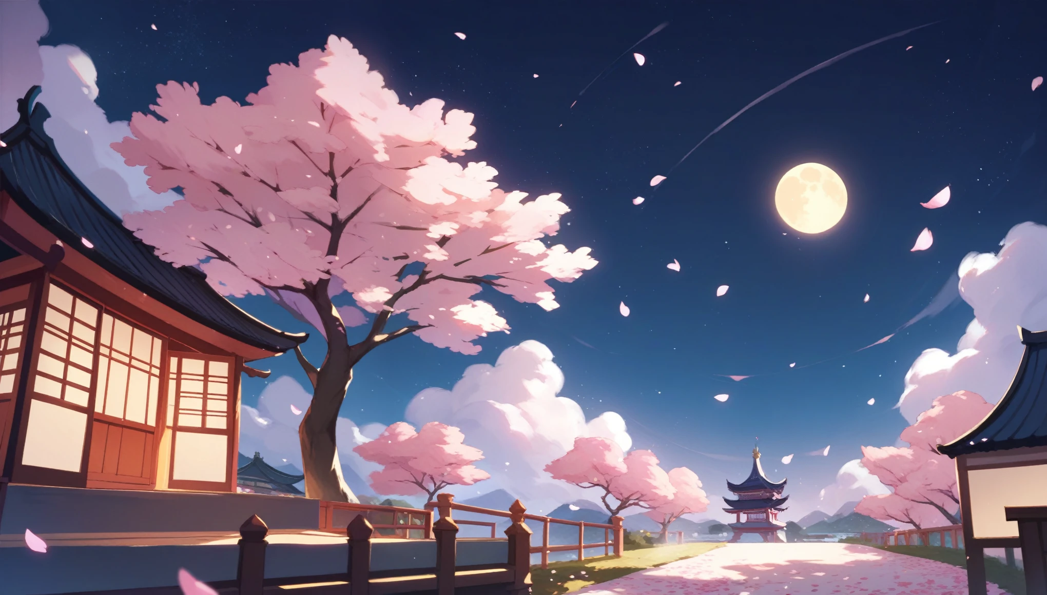 A Japanese cityscape of cherry blossoms at night. It creates a fantastic atmosphere. Stars are shining beautifully in the sky and the moon is shining.