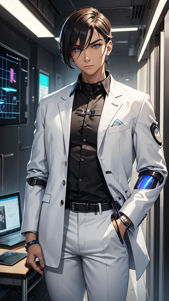A cyborg teacher with a mechanical arm and a bionic eye, wearing a white lab coat and holding a holographic tablet, standing in front of an interactive digital whiteboard, where he shows complex graphics and formulas, while teaching a class of students with augmented reality headsets and smart bracelets, in a modern, lighted classroom, with windows that display a futuristic cityscape with skyscrapers and flying vehicles.