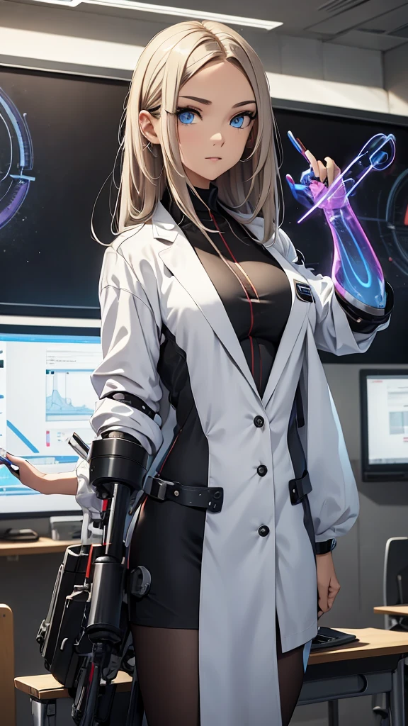 A cyborg teacher with a mechanical arm and a bionic eye, wearing a white lab coat and holding a holographic tablet, standing in front of an interactive digital whiteboard, where he shows complex graphics and formulas, while teaching a class of students with augmented reality headsets and smart bracelets, in a modern, lighted classroom,  with windows that display a futuristic cityscape with skyscrapers and flying vehicles.  