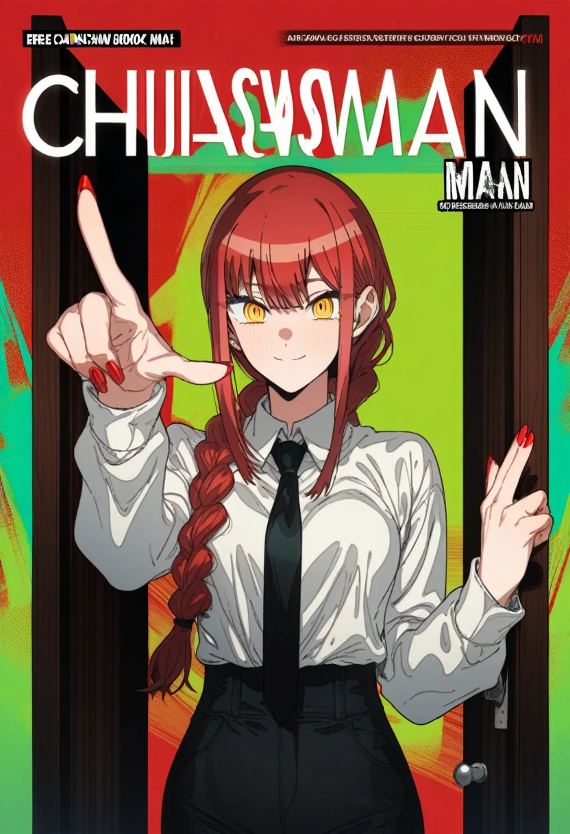 1girl, erere, tatsuki fujimoto, absurdres, official art, absurdres, chainsaw man, makima \(chainsaw man\), 1girl, artist name, black necktie, black pants, braid, braided ponytail, breasts, closed mouth, collared shirt, copyright name, cover, cover page, dress pants, formal, green background, hand gesture, high-waist pants, long hair, long sleeves, looking at viewer, manga cover, medium breasts, multicolored background, nail, necktie, open door, pants, pointing, pointing at viewer, red background, red eyes, red hair, ringed eyes, shirt, sidelocks, smile, solo, upper body, white shirt, yellow eyes, ((very aesthetic, best quality, ultra detailed)), rating:safe, painterly
