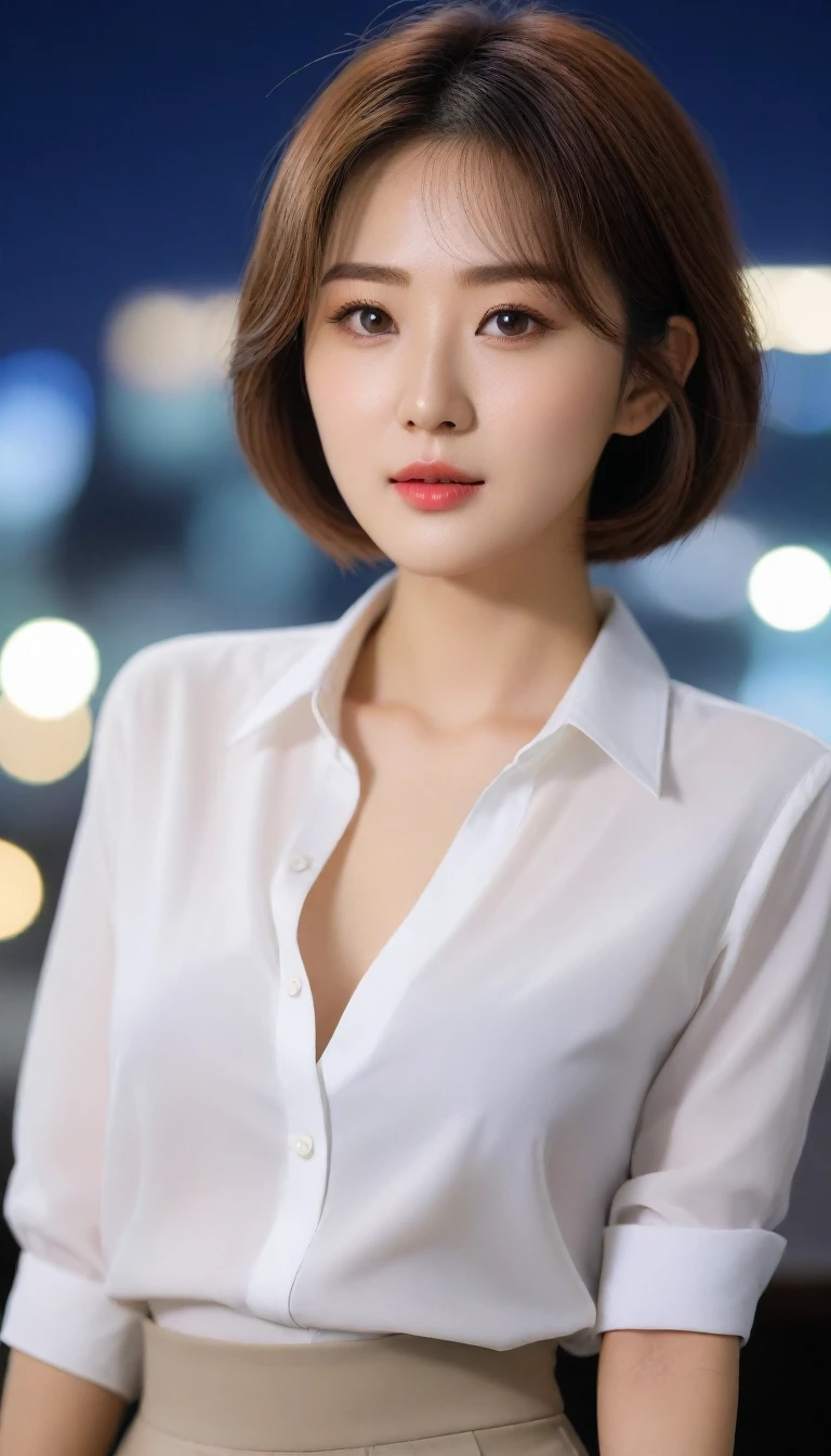 Close up of beautiful Korean woman, Short hair, Chest size 34 inches, wear a long-sleeved shirt, skirt, in the office, bokeh background, night, Uh
