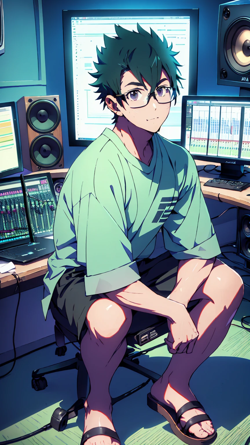 ((Highest quality)), ((masterpiece)), (detailed), Highest quality、High resolution、8K、Wearing a green shirt、Wearing black sandals、With two accurate hands5Finger、One adult male、33 years old、Dark Eyes、Black Hair、Japanese anime-like style、超High resolutionかわいい萌えアニメ8k、handsome face manly、Fake Hawk、 Slender and muscular、Glasses、Sitting in front of a computer in a music studio room analyzing a DAW