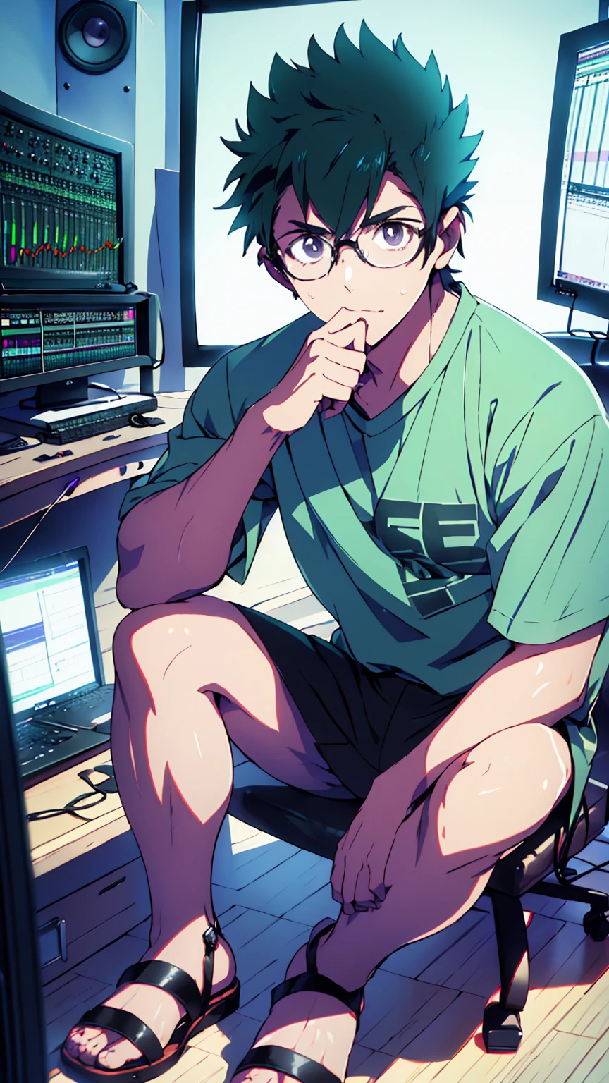 ((Highest quality)), ((masterpiece)), (detailed), Highest quality、High resolution、８K、Wearing a green shirt、Wearing black sandals、With two accurate hands５Finger、One adult male、33 years old、Dark Eyes、Black Hair、Japanese anime-like style、超High resolutionかわいい萌えアニメ8k、handsome face manly、Fake Hawk、 Slender and muscular、Glasses、Sitting in front of a computer in a music studio room analyzing a DAW