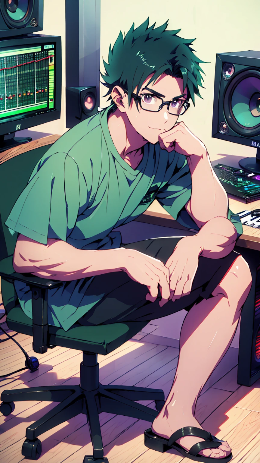 ((Highest quality)), ((masterpiece)), (detailed), Highest quality、High resolution、8K、Wearing a green shirt、Wearing black sandals、With two accurate hands5Finger、One adult male、33 years old、Dark Eyes、Black Hair、Japanese anime-like style、超High resolutionかわいい萌えアニメ8k、handsome face manly、Fake Hawk、 Slender and muscular、Glasses、Sitting in front of a computer in a music studio room analyzing a DAW