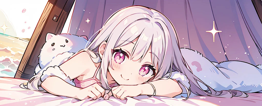 summer、1 girl、((Silver fur))、((Pink sparkly eyes))、A sloppy smile、Open your mouth、Swimwear、Lie down、Highest quality、Ocean