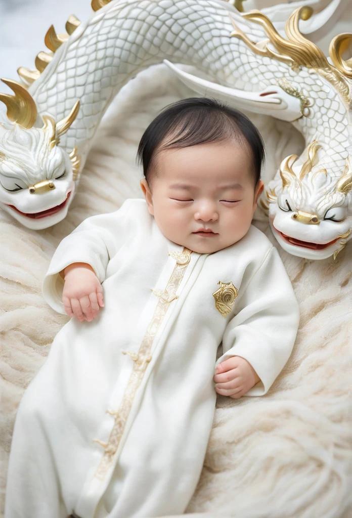 Asian 4  boy sitting on floor with a kitten, bald-headed，earnestly，（ssmile：1.4），（adolable：1.3），Bright background，Brilliant light and shadow， Traditional Chinese clothing, young child, ression, white daoist robes, ,Hairless boys, A handsome,, White Hanfu