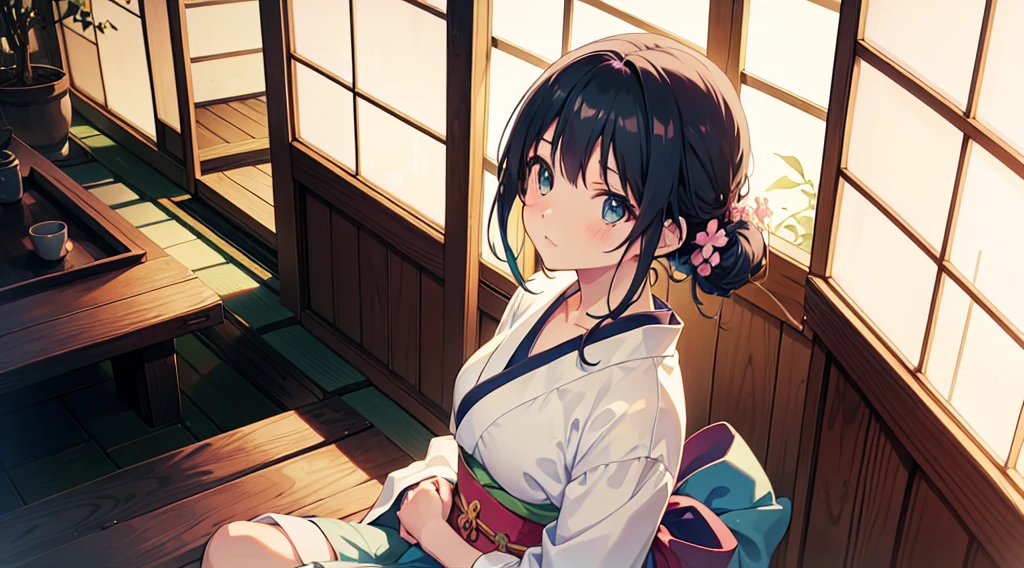 A anime character sitting in the terasse of an old japanese house, the view of her garden. summer ambient vibes. The colors are soft and pastel, with soft lighting and a nostalgic ambiance, Lo-Fi, school girl , cute girl, side view, wide view, japanese beauty, beutiful girl.