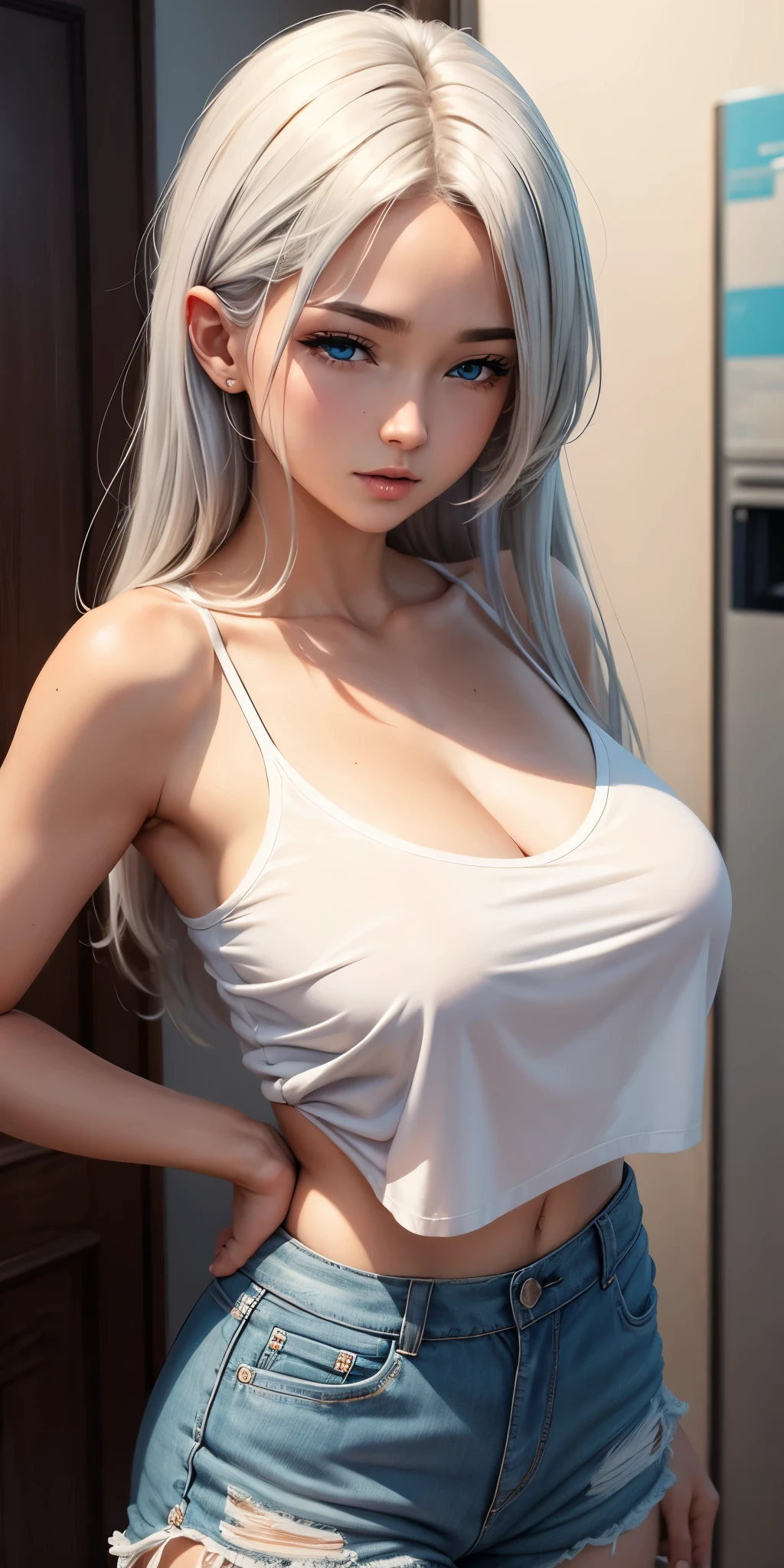 female，silver hair，blue eyes，short camisole，crop shirt，Off shoulders，breast，white，Art， anime，illustration