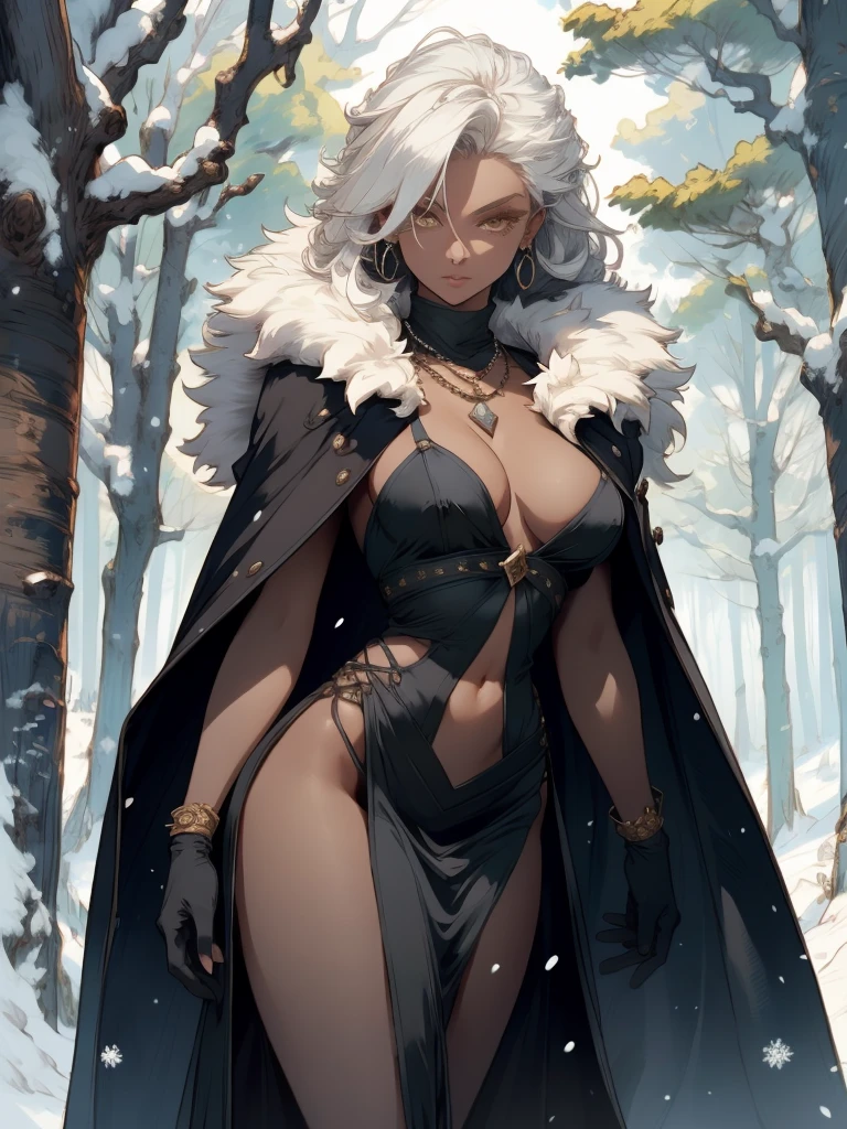 fur trim, 1girl, jewelry, fur, feather boa, fur-trimmed coat, fur collar, fur coat, tree, fur-trimmed sleeves, fur-trimmed jacket, fur-trimmed cape, cape fur, earrings, snow, bird, fur scarf, dark skin, alone, long hair, dress with fur trim, looking at viewer, cleavage, dark-skinned woman, large breasts, leafless tree, standing, necklace, coat, white hair, fur-trimmed gloves, fur trimmed capelet, yellow eyes, branch, covered navel, dress