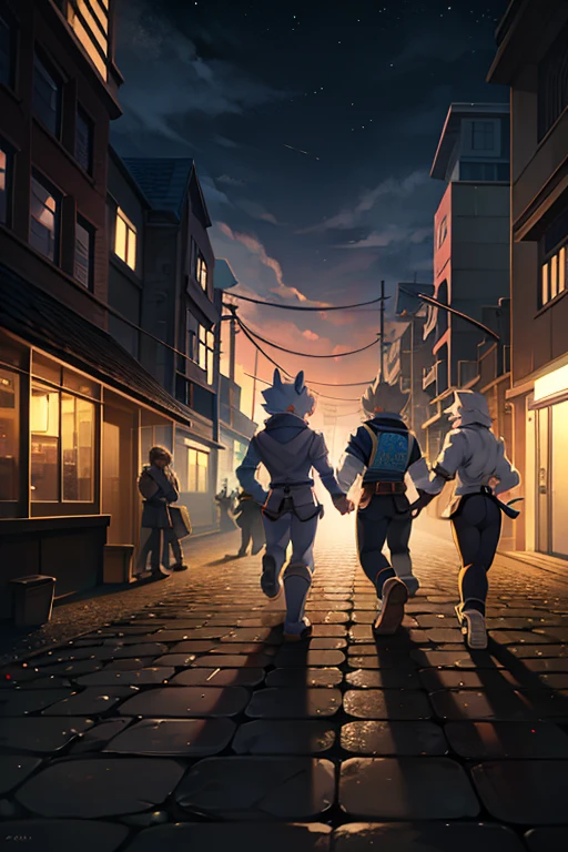 During a day,a Beatles-inspired group of four blave mans walk across a crosswalk, reminiscent of the victory Road. BREAK Each of the four individuals is dressed differently, walking in tile. BREAK 馬車 and buildings surround them, atmosphere.Break masterpiece,ultra quality,best quality,ultra detailed,super detailed,super fine illustration,8K,8K quality,in 8K,8K background,anime style,artistic,perfect face,perfect hands,