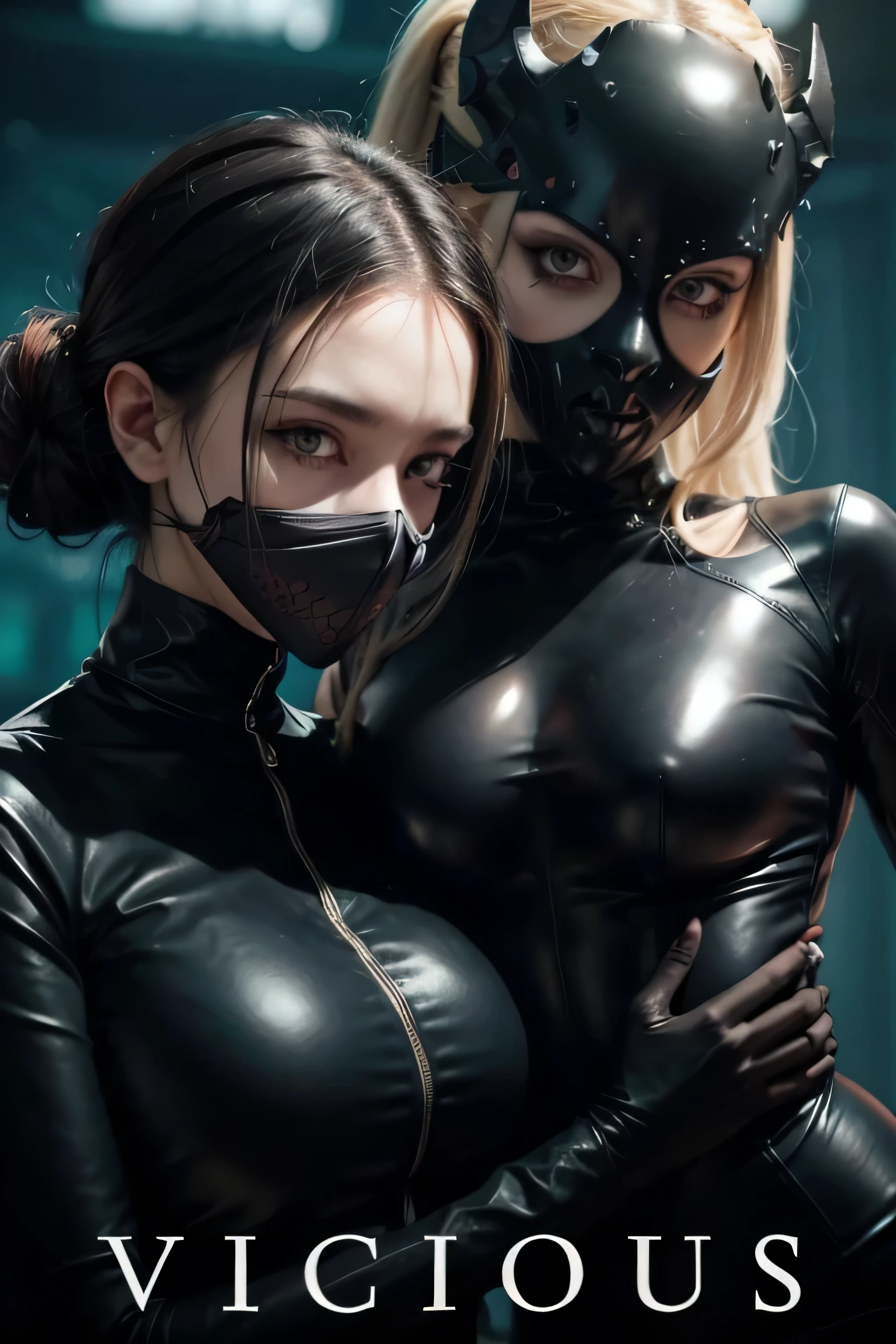 Create a dark and mysterious fantasy scene featuring a female character with demonic and gothic elements. She should have long, straight dark hair and be wearing a tight, revealing black outfit with leather and straps. The character should have striking red eyes, small horns on her head, and pointed ears, emphasizing her demonic nature. She should also wear a mask with bat-like designs that partially covers her face. The background should feature a dark, moonlit night with a large, glowing full moon, casting an eerie purple hue over the scene. The lighting should be dramatic, highlighting the character's features and creating deep shadows to enhance the dark and  atmosphere. The character could be looking directly at the viewer with an intense and captivating gaze.