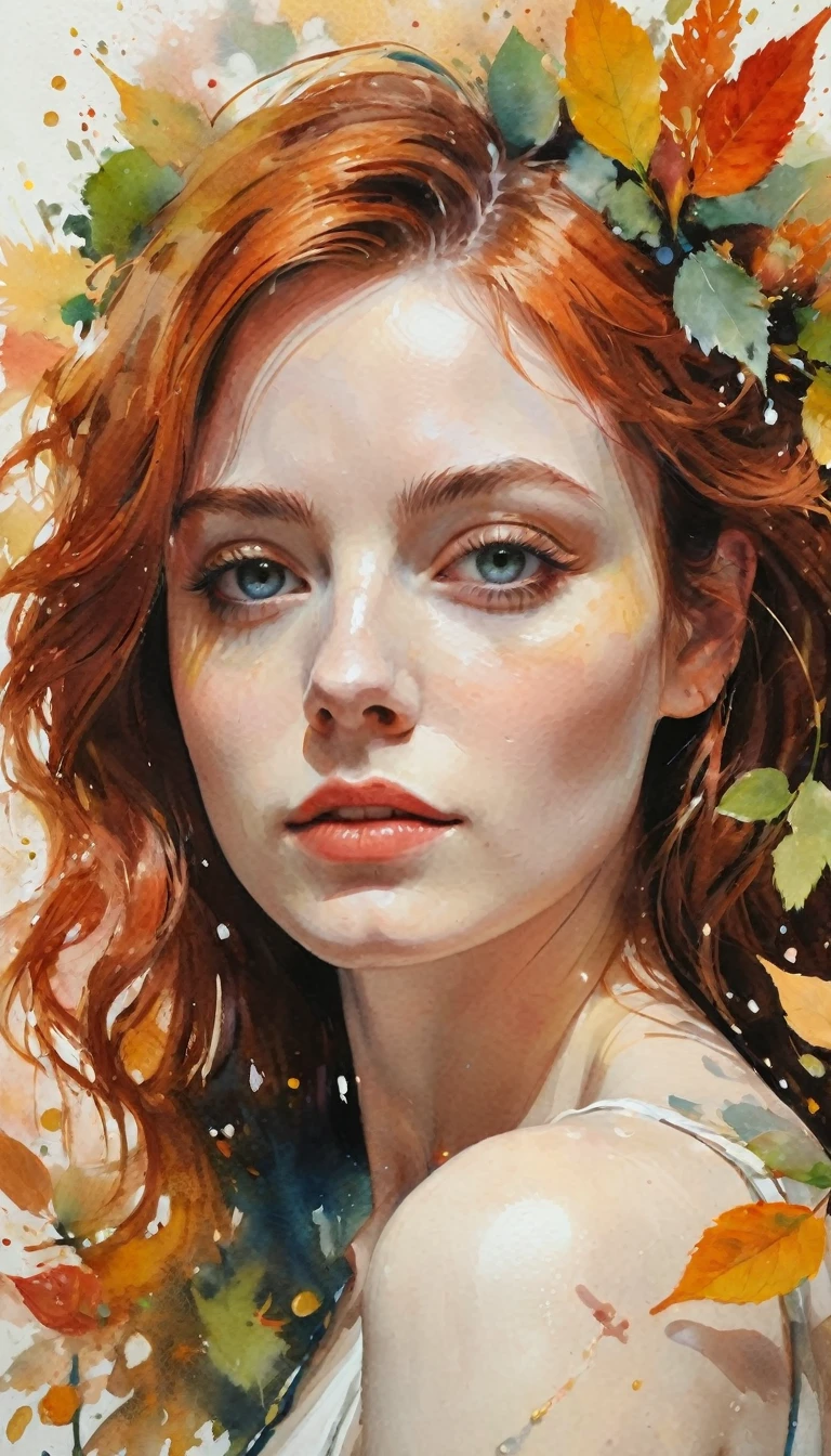 ((Masterpiece in maximum 16K resolution):1.6), ((intricate detail):1.4), ((extremely insane detail):1.4),((highest quality):1.3),((Soft colors 4k highly detailed digital art):1.3). | (((oilcolor:1.5))), ((watercolor painting):1.4), ((a painting of auburn haired woman by Agnes Cecile):1.3), ((Flowers and plant leaves and stems):1.4), ((luminous design):1.3), ((autumn lights):1.1), Gouache with intricate details, bold colors, ink drips, Detailed brushstrokes have been enhanced, Careful brushwork creates an atmosphere, Utilize delicate yet powerful brushstroke techniques, Create an enchanting atmosphere. highly detailed gouache, ((Unparalleled sharpness and clarity):1.1), ((Radiosity rendered in stunning 32K resolution):1.3), All captured with sharp focus.