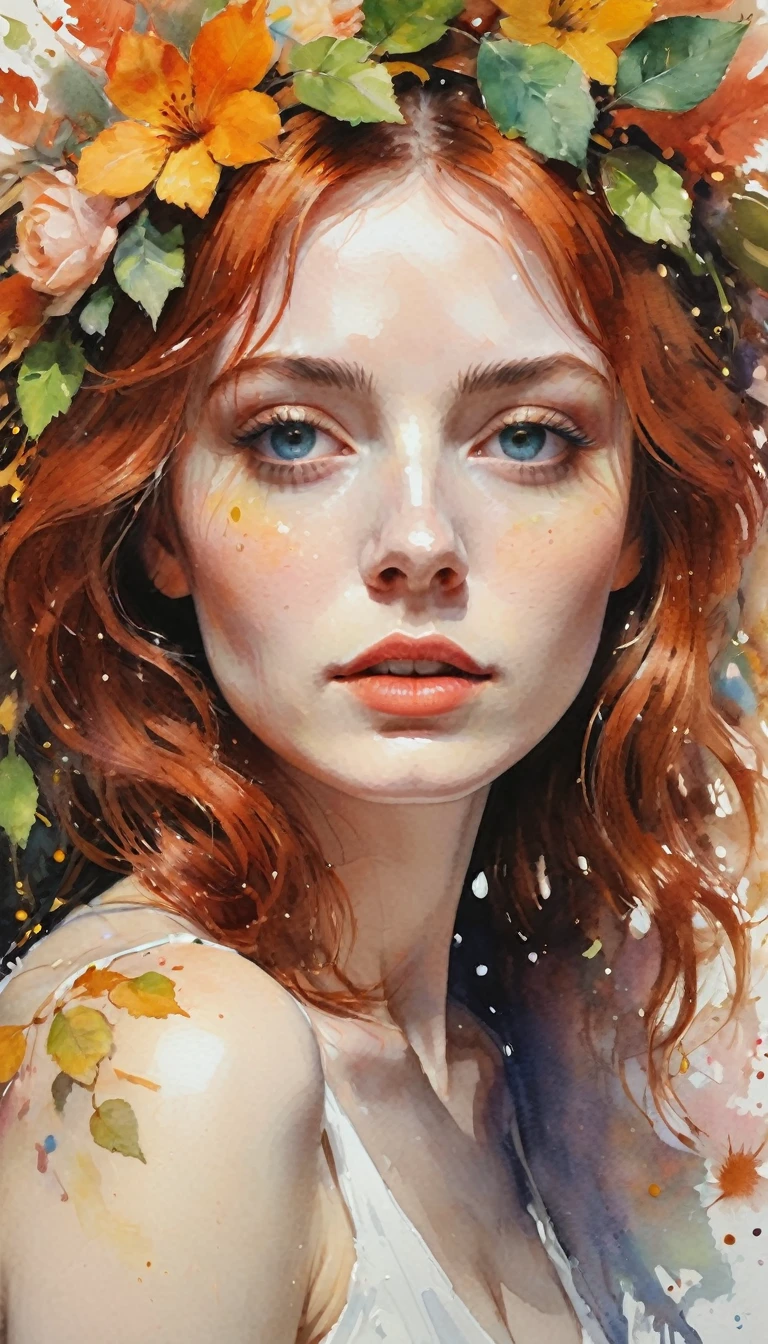 ((Masterpiece in maximum 16K resolution):1.6), ((intricate detail):1.4), ((extremely insane detail):1.4),((highest quality):1.3),((Soft colors 4k highly detailed digital art):1.3). | (((oilcolor:1.5))), ((watercolor painting):1.4), ((a painting of auburn haired woman by Agnes Cecile):1.3), ((Flowers and plant leaves and stems):1.4), ((luminous design):1.3), ((autumn lights):1.1), Gouache with intricate details, bold colors, ink drips, Detailed brushstrokes have been enhanced, Careful brushwork creates an atmosphere, Utilize delicate yet powerful brushstroke techniques, Create an enchanting atmosphere. highly detailed gouache, ((Unparalleled sharpness and clarity):1.1), ((Radiosity rendered in stunning 32K resolution):1.3), All captured with sharp focus.