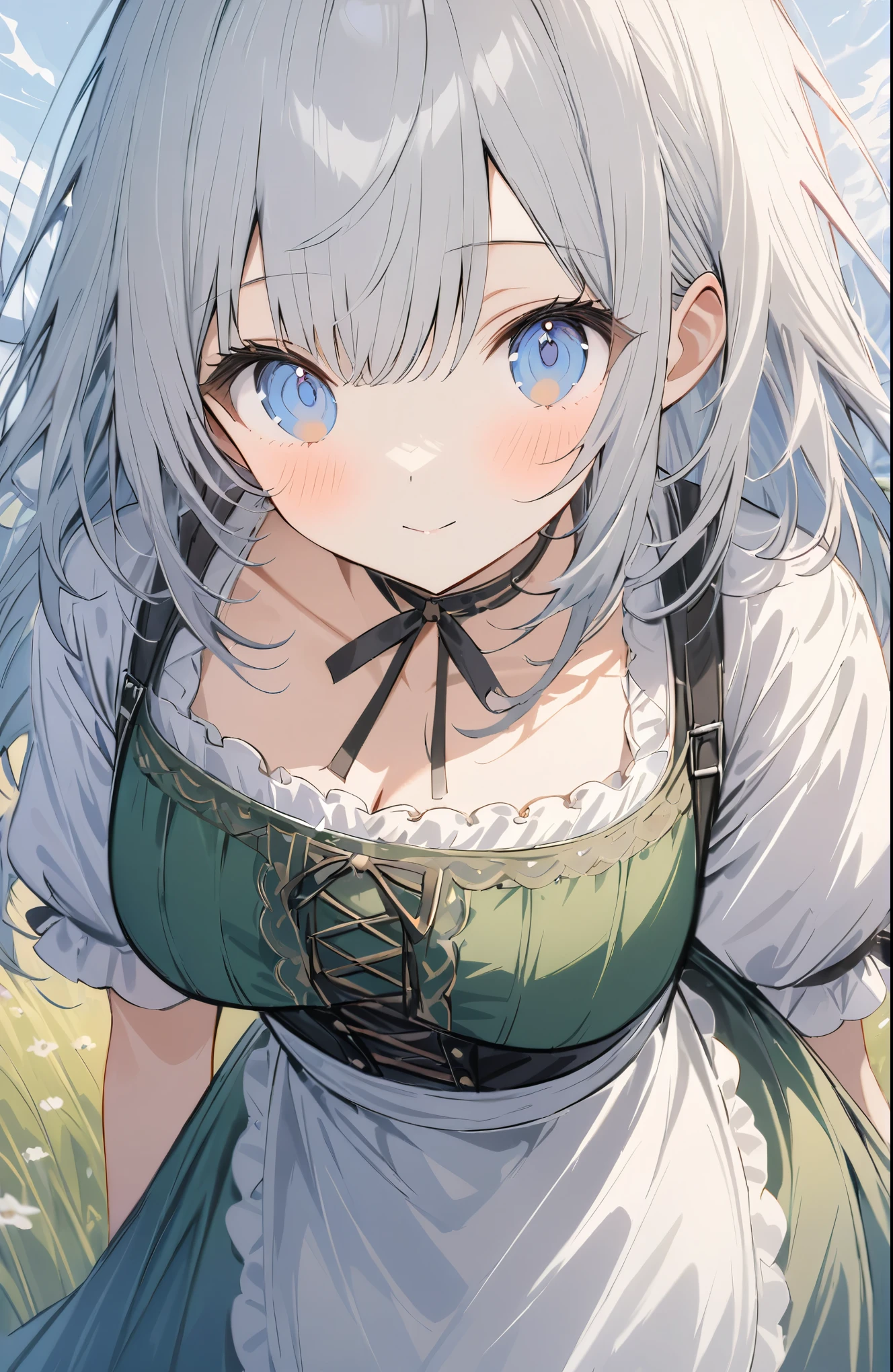 Very detailed、Very absurd、超High resolution, Attention to detail, high quality, High resolution, 最high quality, 4K, 8K, (bionde:1.5),(blue eyes:1.2),German folk costume,((dirndls)),(白いシャツ),(Green Skirt),(White apron),Girl walking through the German meadow、cute、Grassland Background、The grass sways in the wind