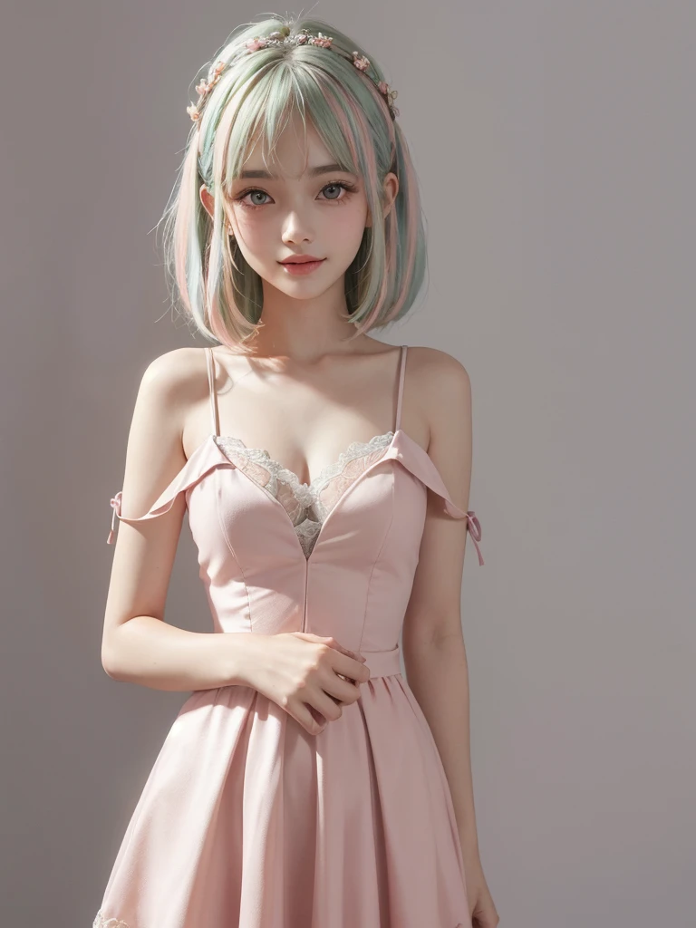 SFW:1.8、
(masterpiece、Highest quality:1.4)、
(8K resolution、Ultra-high resolution:1.2)、
Realistic,
Detailed depiction face、Eye for detailed depiction、Detailed skin、Detailed hair、Glowing Skin、
Japanese Idol、Very beautiful woman、Detail and beauty that cannot be captured in reality:1.3、
Elegant and perfect figure、Perfect Anatomy、
1 Girl、17 years old、
Lip gloss、Add highlights to the eyes:1.5、
Dynamic Angle、(Beautiful Bangs、Highly detailed hair:1.5)、Glowing Skin:1.4、
Please look closely at the camera、Natural and comfortable lighting、Highlights from below、
Very cute smile、Very happy smile、
(Portraiture、White background、Face close-up:2)、
Upper Body、
(Fluffy short bob hair、Pastel pink hair:1.5)、
eyelash、
Pale red eyes、
See-through costume、Brightly colored off-the-shoulder dress、