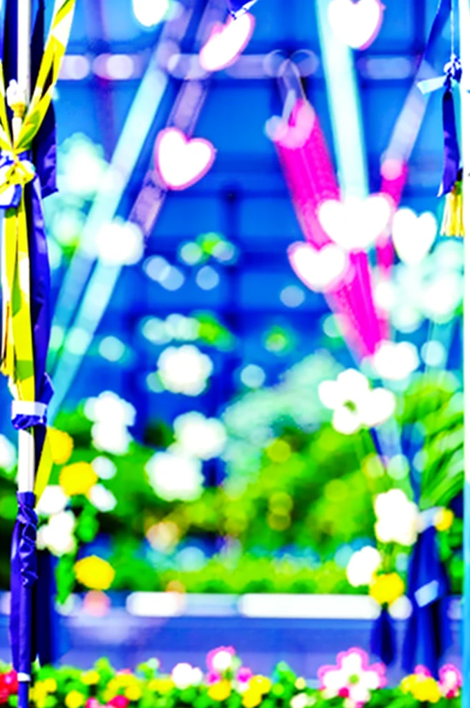 in the wide area, there is a beautiful high school. it is decorated for convocation. a banner written as "congratulations graduates". lots of greenery and flowers. cartoon style. high quality, detailed image. positive vibes. front view. image ration 16:9