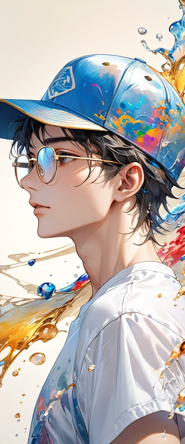 Oriental beautiful boy，sideways，Looking over the shoulder，White transparent real-life painting，Colorful water splash rendering，Facial texture is clear，Baseball cap，loose white shirt，Blue distressed denim shorts，Gold-framed glasses，White sand background，messy strokes.Close-up of character( Perfect anatomical structure ) Beautiful and extremely fine texture，detailed, bright, Animation style high definition and high quality presentation