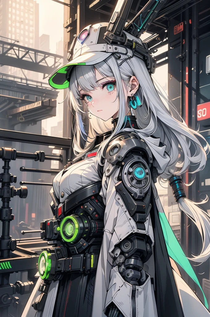 1 Girl, alone, colorful, Green Eyes, cyber punk, Mechanical Scrap Zone, Cityscape, Stud earrings, Long, messy white hair, Mechanical Hat, Mechanical Body, robotic Arm, Mecha, robot, Mechanical Maiden, Neon Light, Beautiful light, Character Focus, CG illustration, Bust Shot, 8K resolution, Very detailed, Anatomically correct, Digital Painting, Concept Art, Clear images