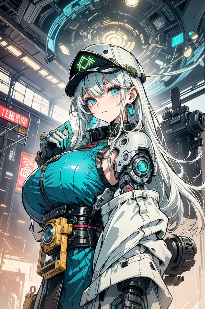 1 Girl, alone, colorful, Green Eyes, cyber punk, Mechanical Scrap Zone, Cityscape, Stud earrings, Long, messy white hair, Mechanical Hat, Mechanical Body, robotic Arm, Mecha, robot, Mechanical Maiden, Neon Light, Beautiful light, Character Focus, CG illustration, Bust Shot, 8K resolution, Very detailed, Anatomically correct, Digital Painting, Concept Art, Clear images