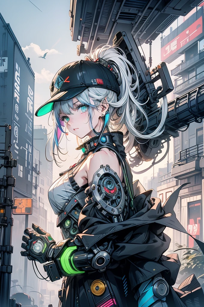 1 Girl, alone, colorful, Green Eyes, cyber punk, Mechanical Scrap Zone, Cityscape, Stud earrings, Long, messy white hair, Mechanical Hat, Mechanical Body, robotic Arm, Mecha, robot, Mechanical Maiden, Neon Light, Beautiful light, Character Focus, CG illustration, Bust Shot, 8K resolution, Very detailed, Anatomically correct, Digital Painting, Concept Art, Clear images