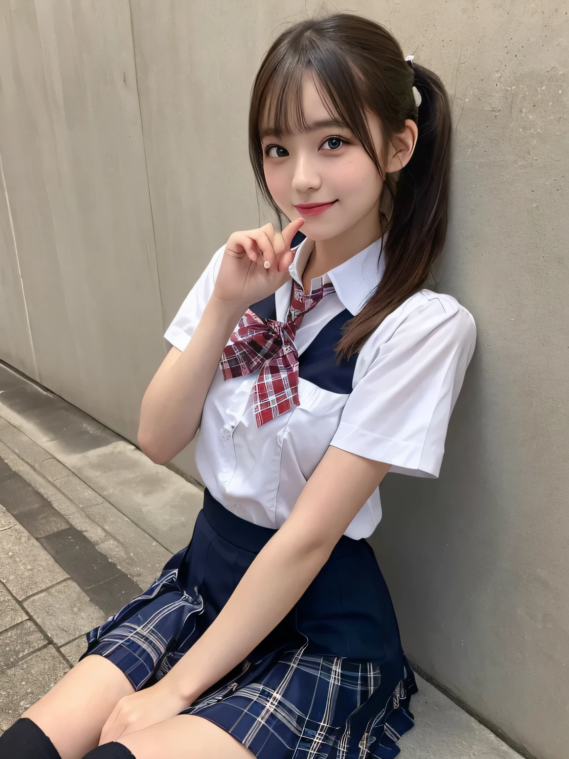 Tabletop、Highest quality、figure、 Super detailedな、High resolution、8k wallpaper、Perfect dynamic composition,、Beautiful attention to detail、Natural color lip、Bold sexy pose、smile、15-year-old girl、cute、sexy shot looking at camera、(Highest quality: 1.3), (masterpiece: 1.3), (Super detailed: 1.3), (wallpaper, One Girl: 1.1), (Detailed hands and fingers:1.2)、(Ultra-oily, lustrous skin with attention to detail:1.1)、Oily shiny knee socks、(The perfect school girl uniform:1.3)、Sleeveless Y-shirt、(Beautiful small breasts:1.3)、(Red checkered mini skirt:1.2)、Sit with your legs apart、Brown Hair、short hair、ponytail、Beautiful sister、Pink wall