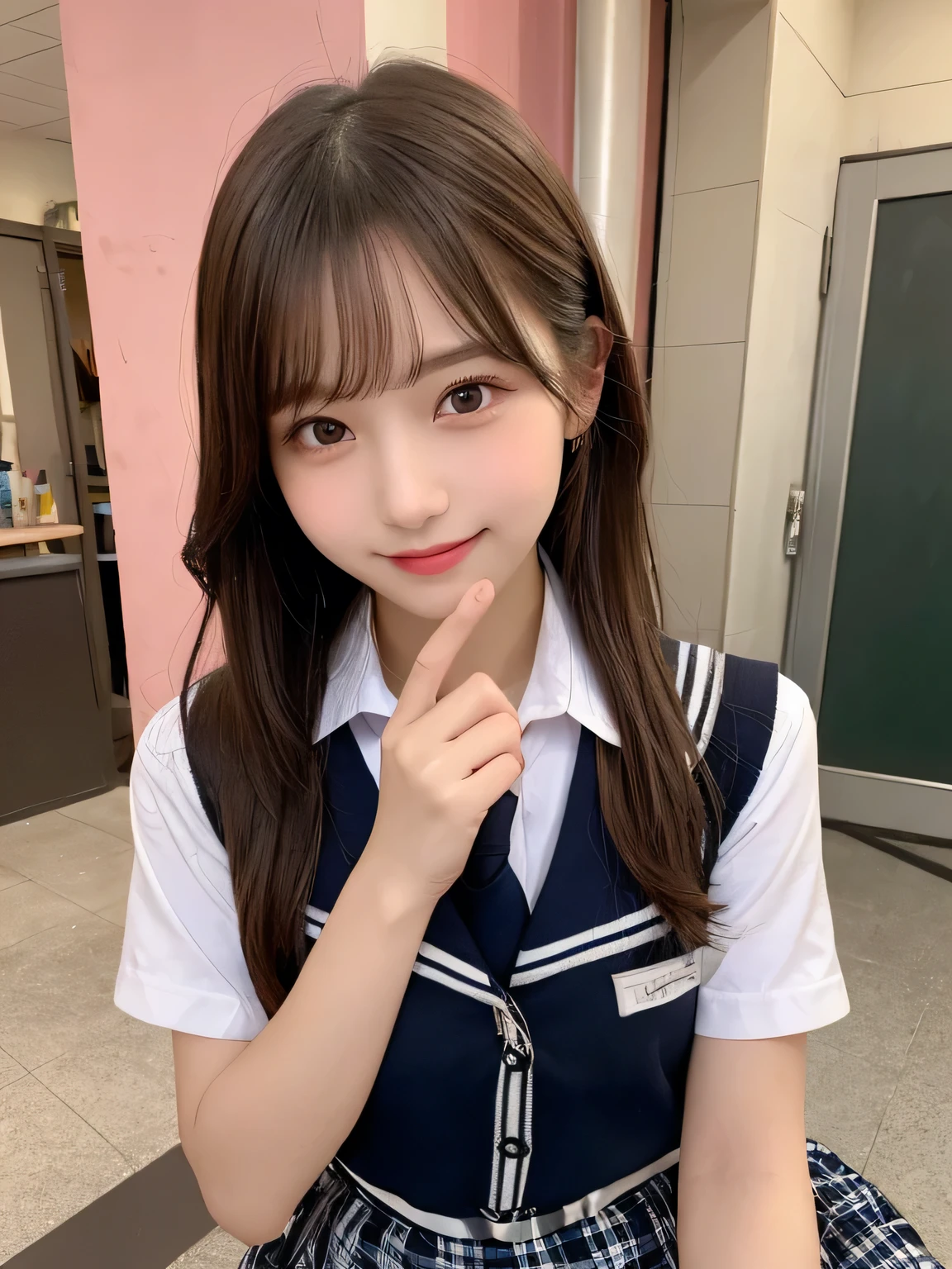 Tabletop、Highest quality、figure、 Super detailedな、High resolution、8k wallpaper、Perfect dynamic composition,、Beautiful attention to detail、Natural color lip、Bold sexy pose、smile、、cute、sexy shot looking at camera、(Highest quality: 1.3), (masterpiece: 1.3), (Super detailed: 1.3), (wallpaper, One Girl: 1.1), (Detailed hands and fingers:1.2)、(Ultra-oily, lustrous skin with attention to detail:1.1)、Oily shiny knee socks、(The perfect school girl uniform:1.3)、Sleeveless Y-shirt、(Beautiful small breasts:1.3)、(Red checkered mini skirt:1.2)、Sit with your legs apart、Brown Hair、short hair、ponytail、Beautiful sister、Pink wall