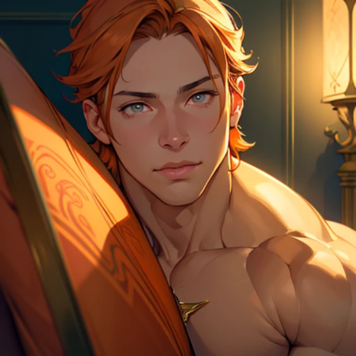 (obra-prima, melhor qualidade: 1.2), tema laranja, tiro de cowboy, solo, foco masculino, 1boy, rengoku kyojuro, sorriso, olhando para o espectador, forte, folded arms, cabelo longo, sobrancelhas bifurcadas, Sem camisa, capa branca, black trousers, faixa branca, fogo, usando halteres. Halteres pesados, malhando