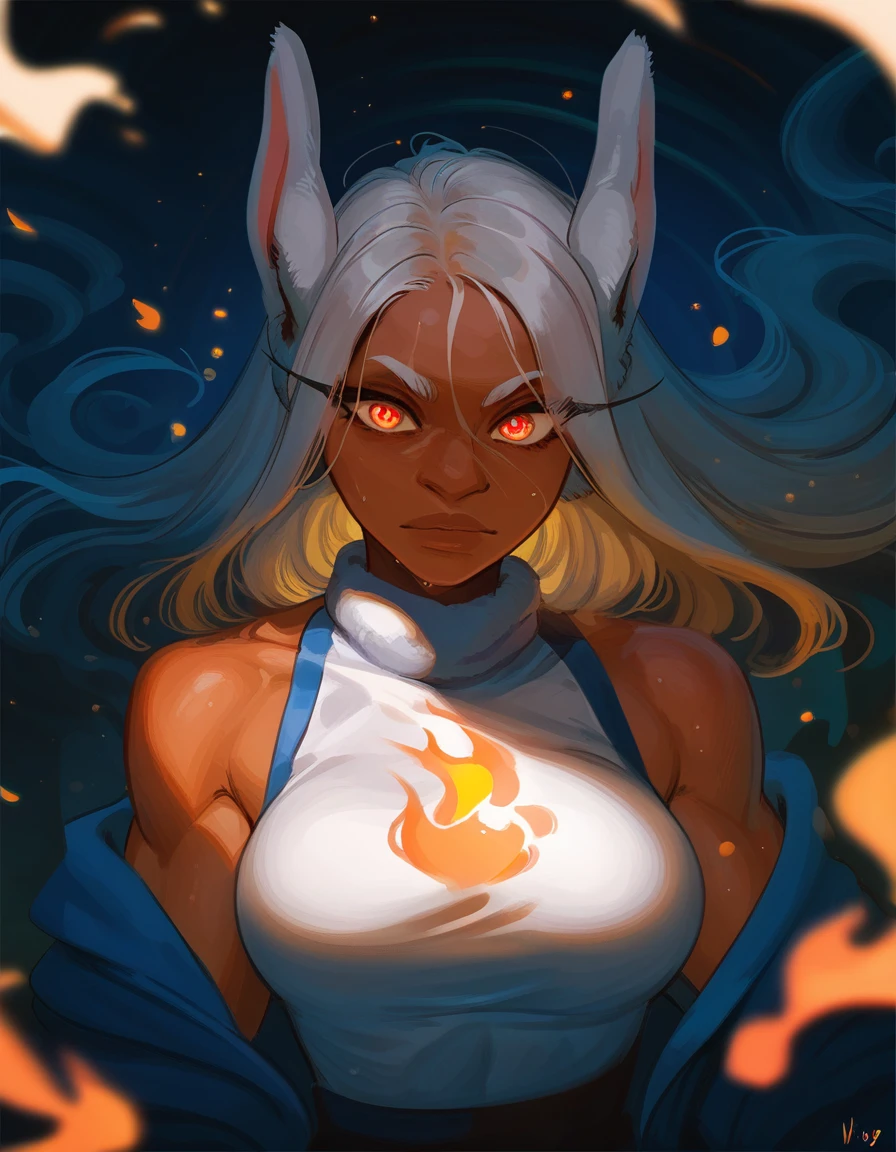 score_9, score_8_up, score_8_up, 1girl, depth of field, raw, intimate shot, rumi usagiyama, dark skinned female, large perfect breasts, ((glowing particles, flames)) , posing sexy, nsfw, front view, tight clothes, clothing material detail, dreamy eyes, long eyelashes, sweaty skin, arching back, portrait,