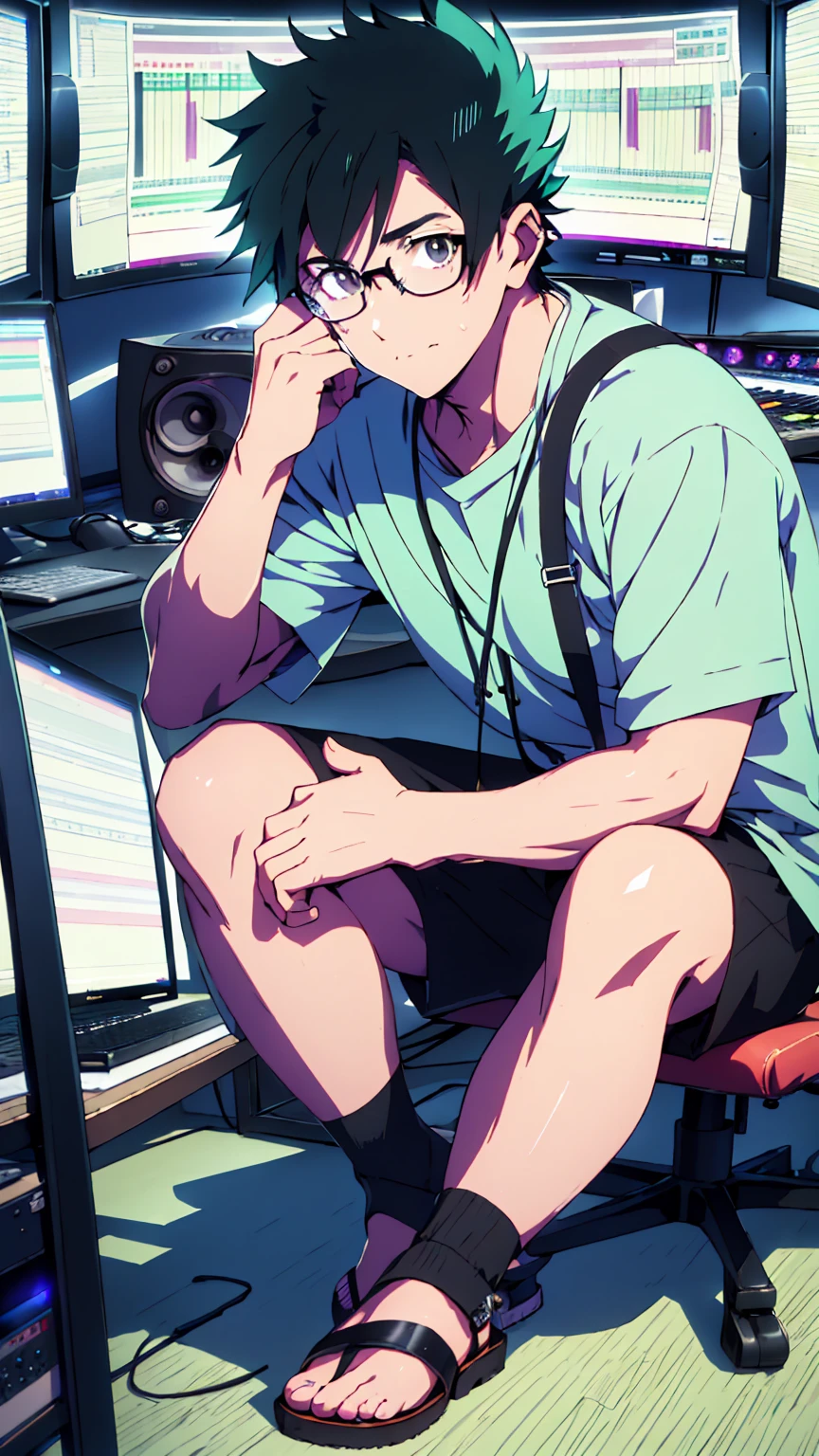 ((Highest quality)), ((masterpiece)), (detailed), Highest quality、High resolution、8K、Wearing a green shirt、Wearing black sandals、Accurate2本の腕と手と足、Accurate5Finger、One adult male、33 years old、Dark Eyes、((Black Hair))、Japanese anime-like style、超High resolutionかわいい萌えアニメ8k、handsome face manly、Fake Hawk、 Slender and muscular、Glasses、Sitting in front of a computer in a music studio room analyzing a DAW