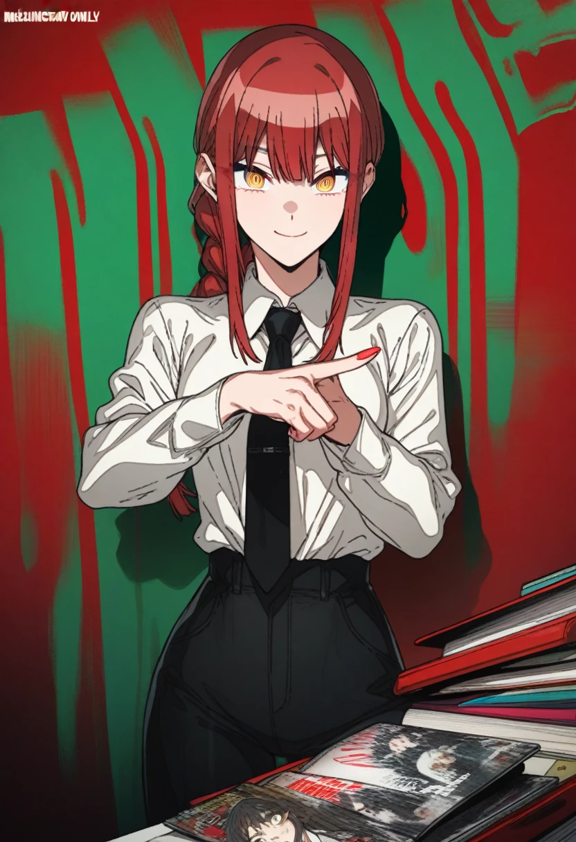 1girl, erere, tatsuki fujimoto, absurdres, official art, absurdres, chainsaw man, makima \(chainsaw man\), 1girl, artist name, black necktie, black pants, braid, braided ponytail, breasts, closed mouth, collared shirt, copyright name, cover, cover page, dress pants, formal, green background, hand gesture, high-waist pants, long hair, long sleeves, looking at viewer, manga cover, medium breasts, multicolored background, nail, necktie, open door, pants, pointing, pointing at viewer, red background, red eyes, red hair, ringed eyes, shirt, sidelocks, smile, solo, upper body, white shirt, yellow eyes, ((very aesthetic, best quality, ultra detailed)), rating:safe, manga, painterly