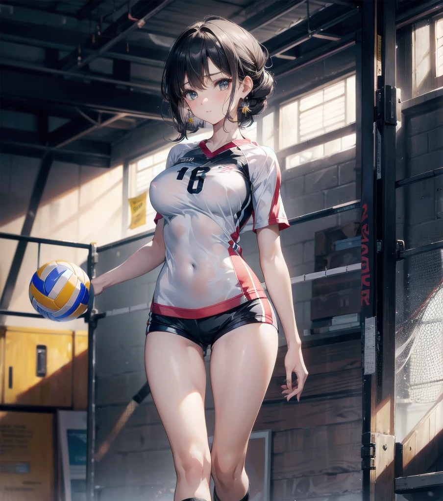 absurdres, RAW photo, extremely delicate and beautiful, masterpiece, Best Quality, ultra high resolution, 16k, hyperrealistic, ultra-detailed, perfect anatomy, super Detailed skin, perfect figure, Very detailed CG 8k wallpaper, in her 20s, very Slim body, narrow waist, very small head, very small face, delicate facial features, tearful mole, earring, thin legs, very huge round , full body shot, 1 girls, shorter middle hair, wavy hair, (volleyball Jersey:1.2), (shorts:1.2),