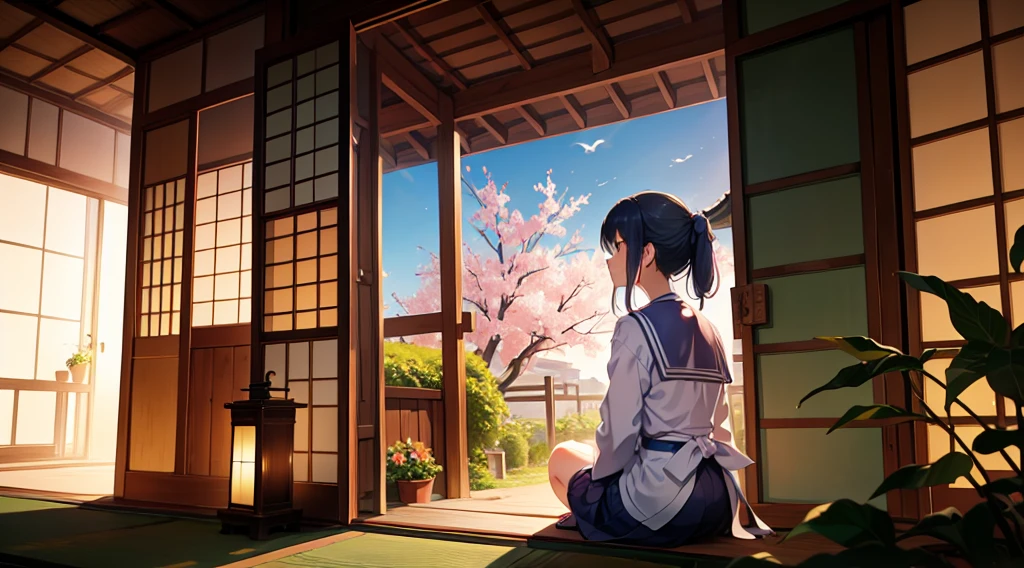 A anime character sitting in the terasse of an old japanese house, the view of her garden. summer ambient vibes. The colors are soft and pastel, with soft lighting and a nostalgic ambiance, Lo-Fi, school girl , cute girl, side view, wide view, beutiful girl student.
