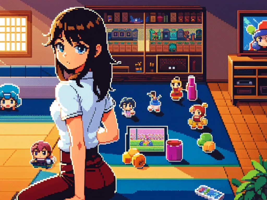 a surrealistic painting of an anime woman wearing a bra in a (daycare with naked children) setting. The painting should have a vibrant color palette with dramatic and moody lighting. The surreal elements should be subtle, and the anime woman should have a playful expression, detailed pixel artwork, portrait pixel art drawing, ((pixel art)), #pixelart:3, /r/pixelart, # pixelart, #pixelart, retro nintendo bitmap pixel art, high quality pixel art