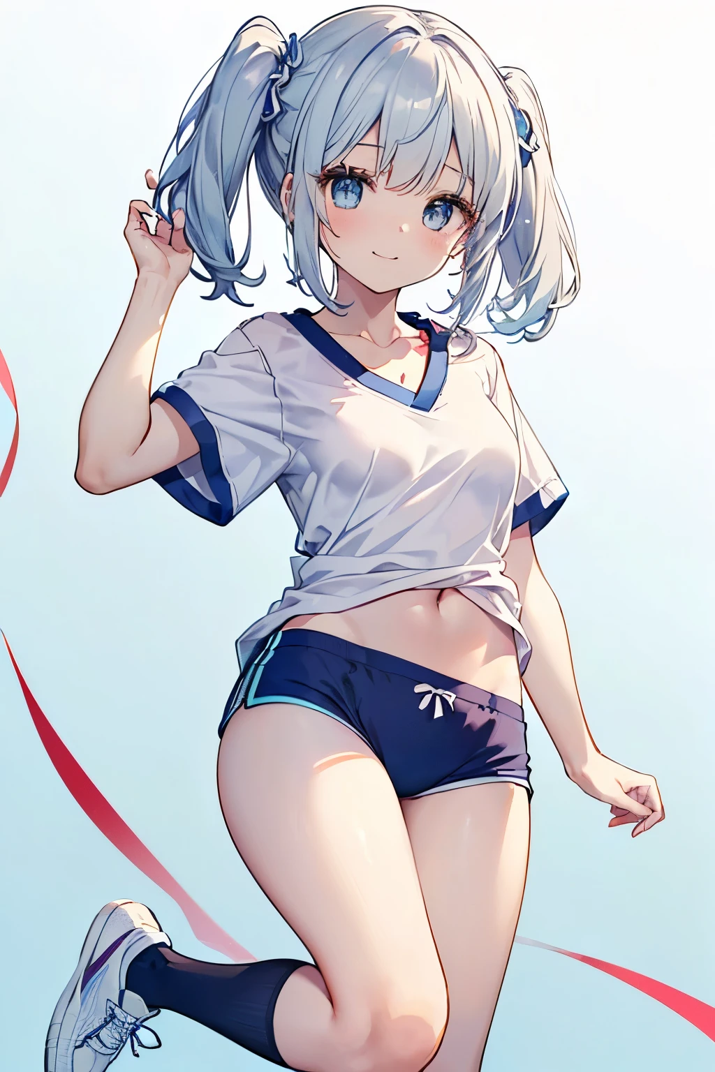 Silver Hair、Blue Eyes、girl、Small breasts、Twin tails、girl、Small breasts、A cheerful smile、Looks about 15 years old、Petan Musume、He is short、gym、【prompt】

BREAK (Japanese school old style sportswear:1.3), ((soft cotton material, non-shiny material):1.3), (oversized soft cotton short sleeve white tunic with U-neck:1.4), (blue lines on tops outline:1.3), ((Slim fit, closed-fitting) (deep-blue panties shorts, soft cotton deep-blue competition micro shorts, soft cotton deep-blue bloomers):1.3), ((groin, upper thigh skin):1.3), (white socks:1.3), (sports shoes:1.2),