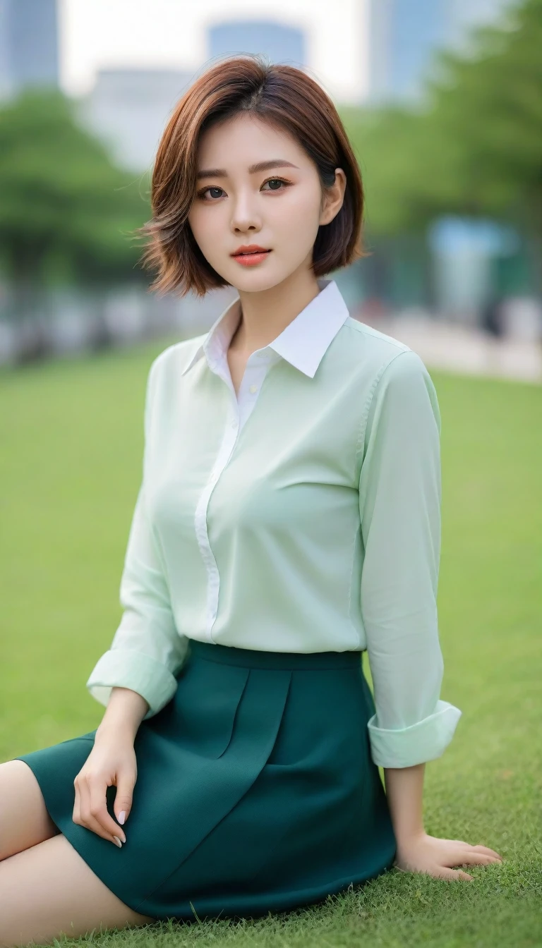 Close up of beautiful Korean woman, Short hair, Chest size 34 inches, wear a long-sleeved shirt, skirt, in the office, bokeh background, sitting on the green grass in the park. Uh
